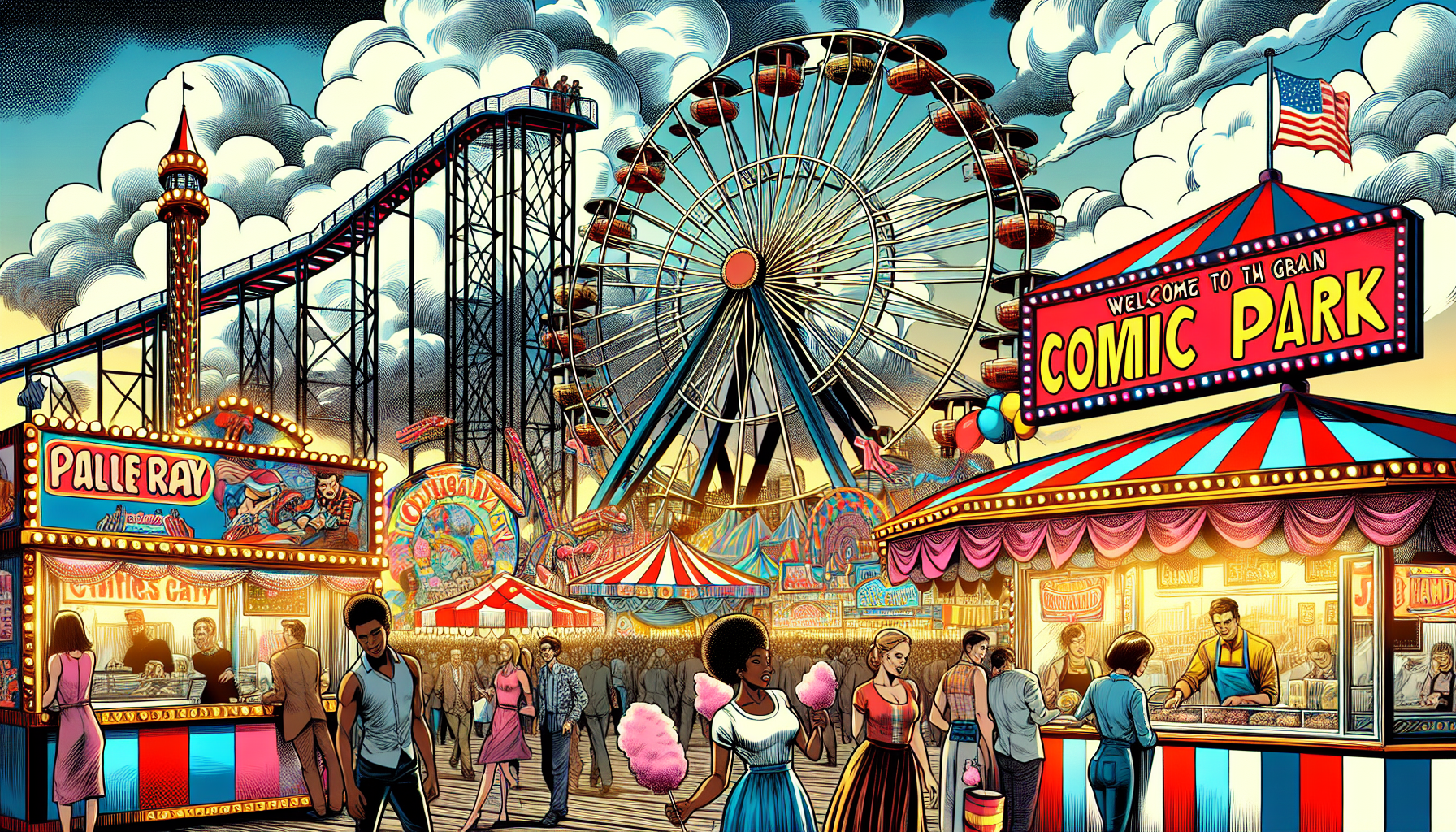 comicbook style amusement park poster