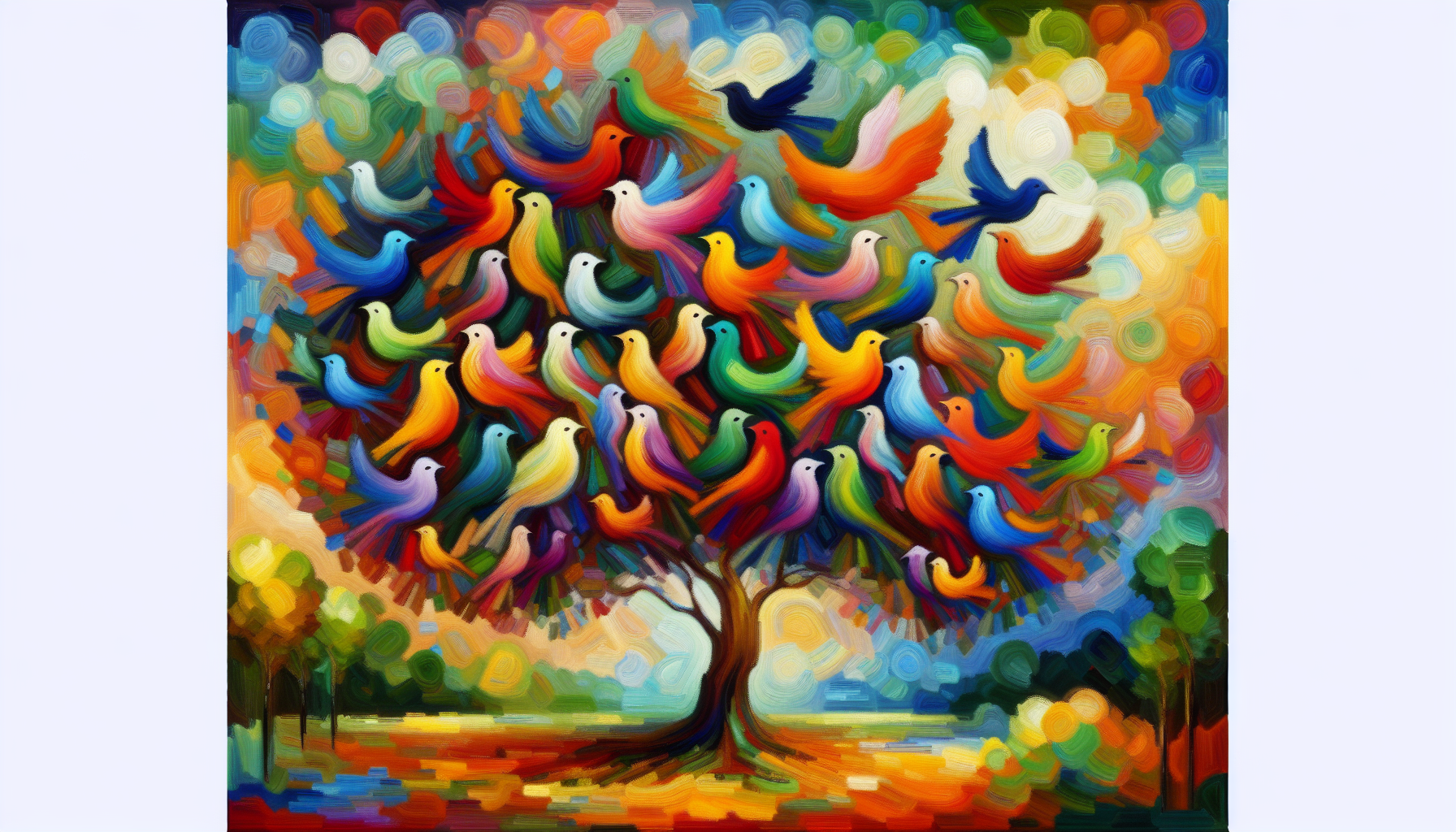 colorful birds nesting in a tree