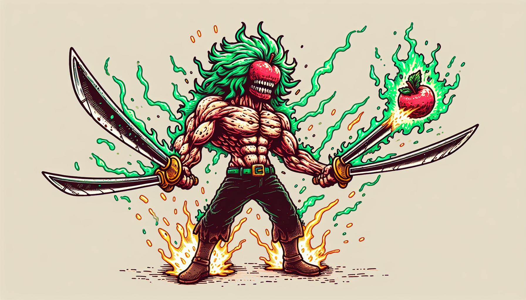 fait moi une image de zoro dans one piece en prenant en compte qu'il a manger le mera mera no mi et qu'il puissent enflammé ses katana, respecte le physique de zoro comme il est fait dans one piece