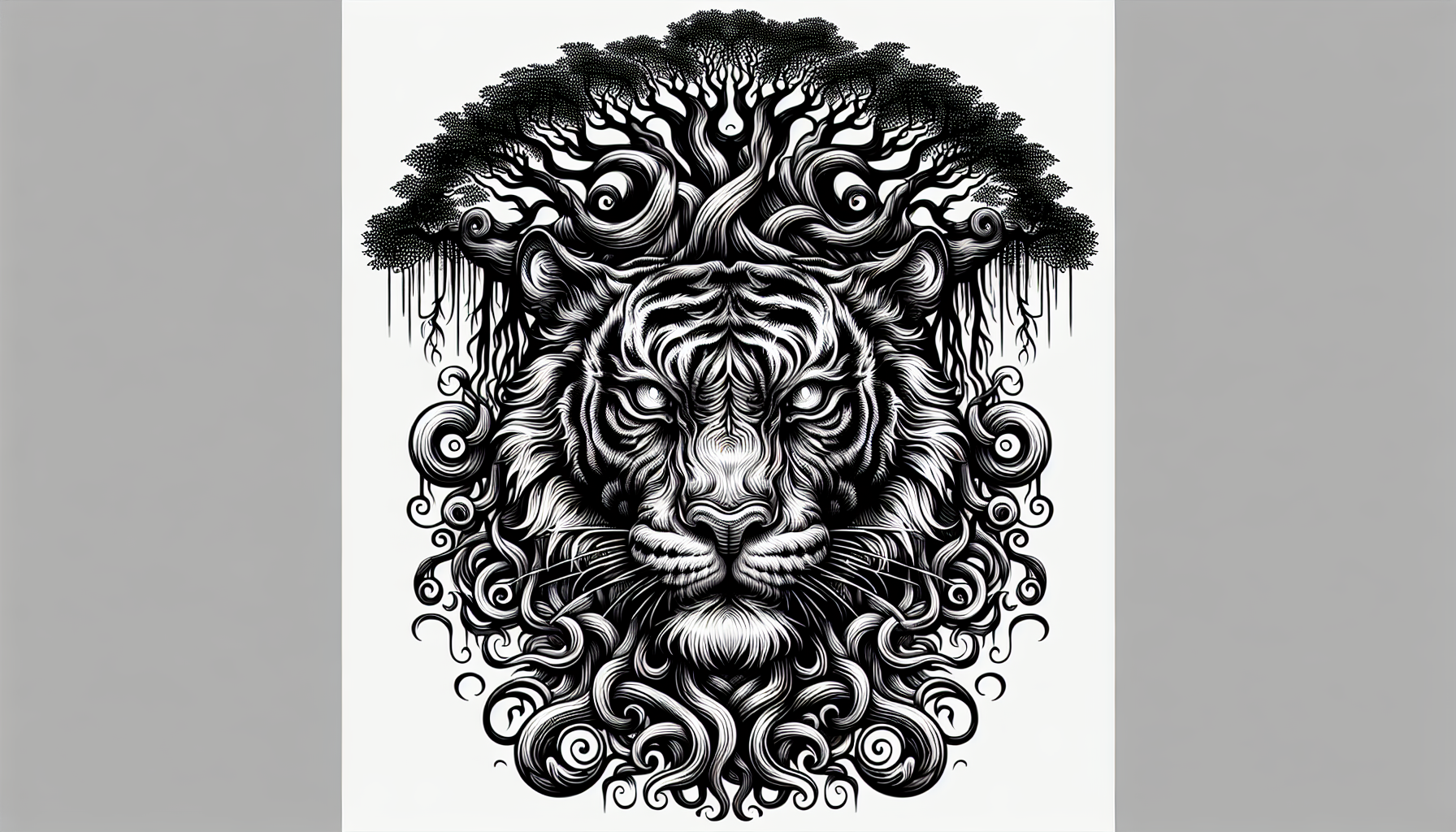 tiger visage in banyan tree tattoo style