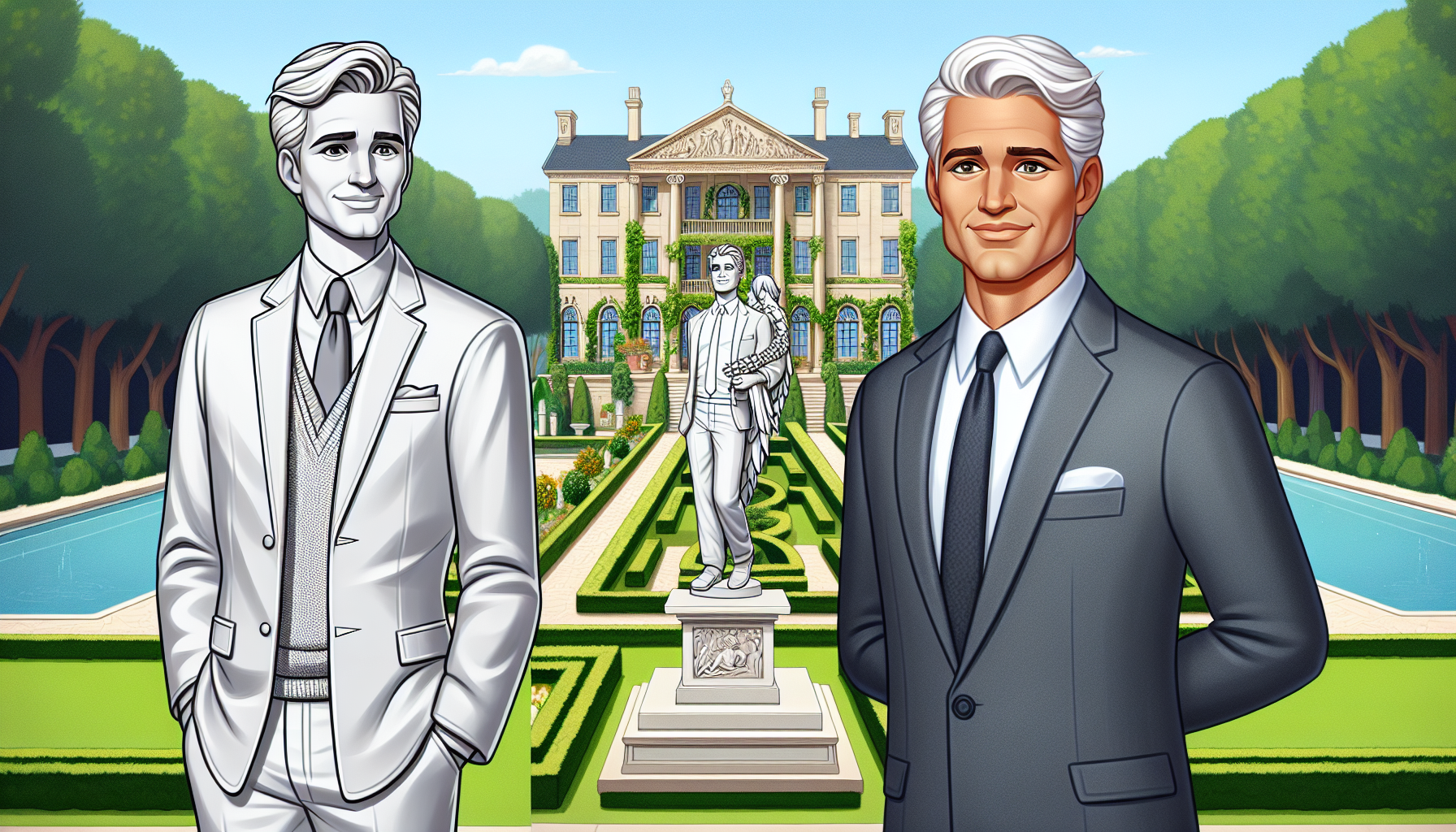 French tv animator Laurent Delahousse in luxurious estate next to a statue of himself