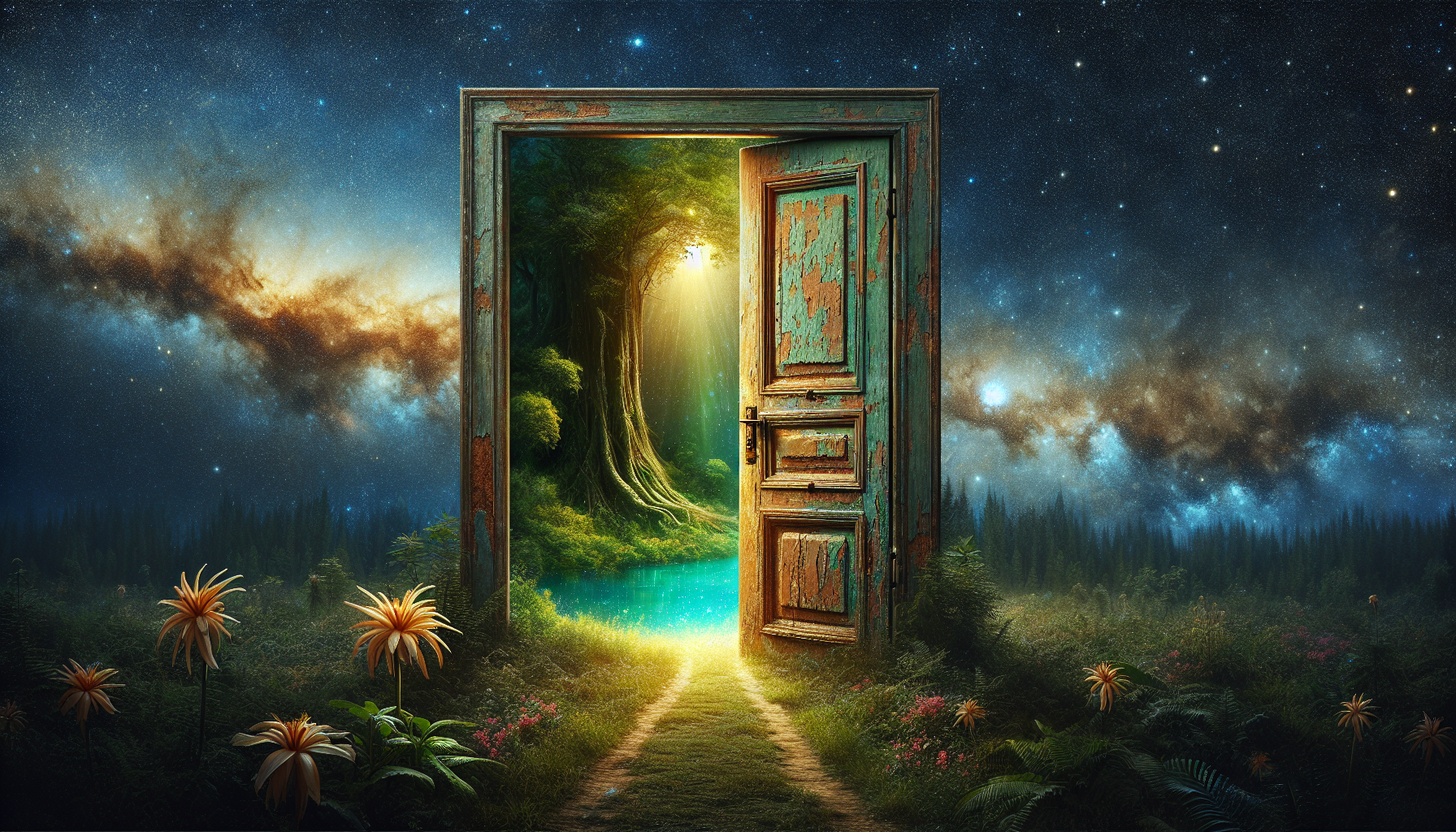 A weathered wooden door stands alone in the midst of a silent cosmic universe, its paint peeling and its hinges creaking in the silence. The door, half-open, reveals a glimpse of a lush forest bathed in golden sunlight. Stars and darkness stretch endlessly in every direction, contrasting sharply with the vibrant blue pond, tropical flowers, and lush vegetation visible through the door. The scene is rendered in a hyperrealistic style, with a focus on intricate details and color contrast, evoking surrealist paintings and paint splatters. The dramatic lighting and wide depth of field enhance the sense of mystery and wonder.