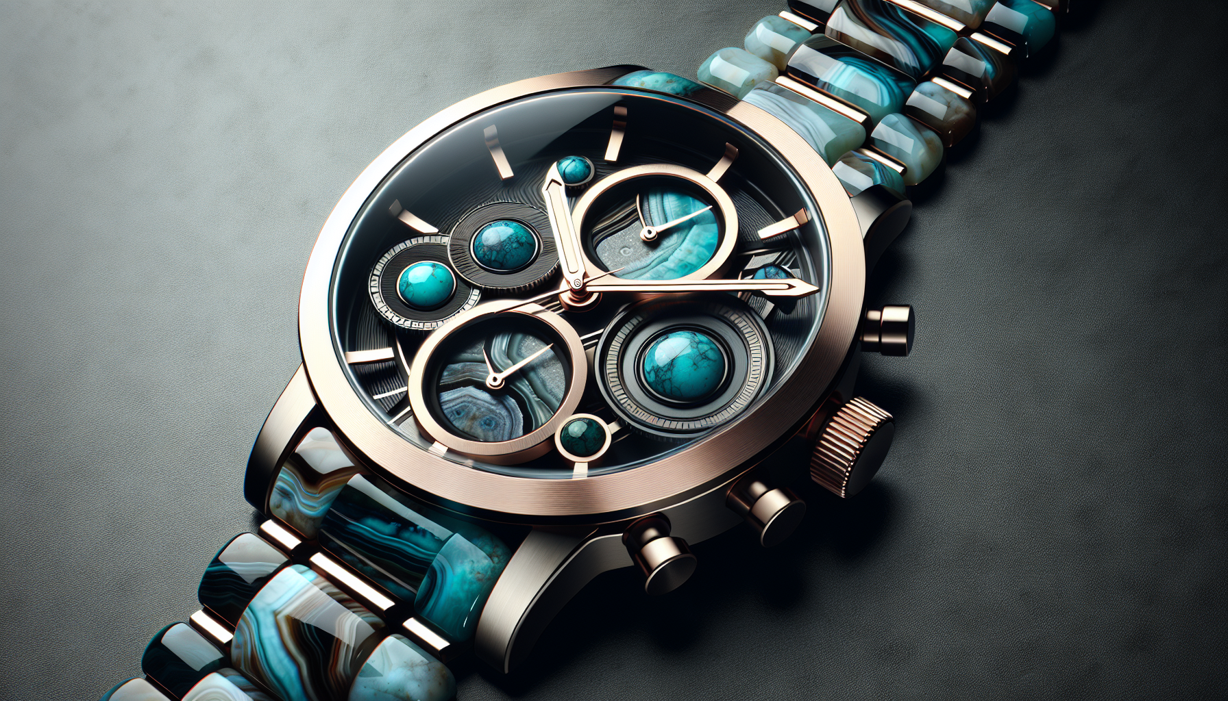 I want a picture of a men's watch made of agate and a little turquoise stones with a special design
