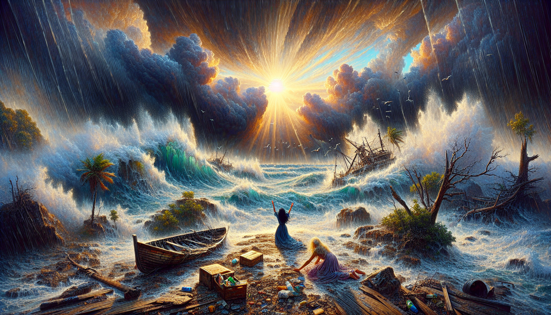 sunrise, sun rays, dark rain clouds, stormy sea with large waves and foam driven by the wind, rocky coast, remains of a broken wooden dinghy, one black-haired girl lying on a rocky beach with the remains of torn clothes on her body, another blonde girl with the remains of torn clothes on her body raising her hands to the sun, palm trees on the beach bent by a strong wind, seaside flora,