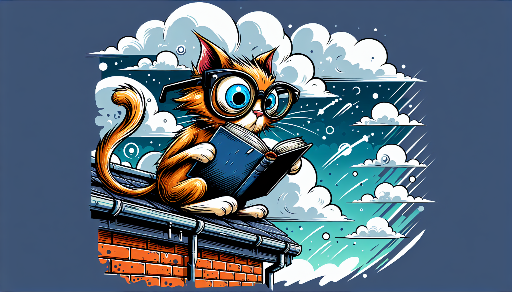 UM GATO DE ÓCULOS SOBRE UM TELHADO, LENDO UM LIVRO