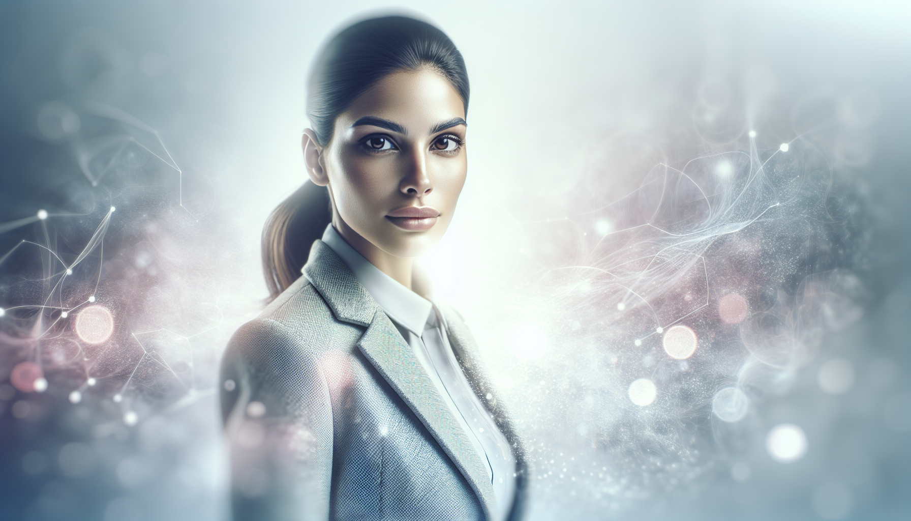 Minimalist portrait of a woman, professional, sophisticated, looking directly at the viewer. Soft, diffused lighting, with subtle glowing orbs or abstract light particles in the background. The background is clean and ethereal, blending shades of white, very light grey, and hints of soft pastel purples and blues. Clean lines, futuristic aesthetic. Soft focus on the background. High resolution, hyperrealistic, octane render.