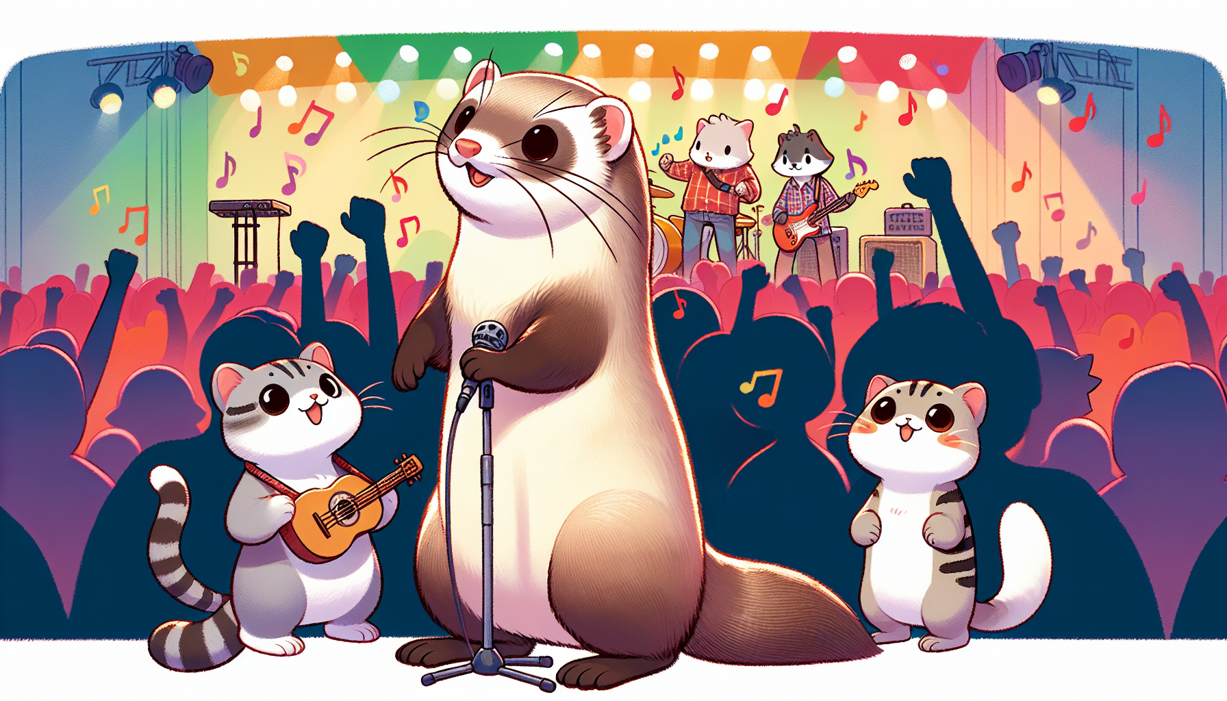 Crea la imagen de un hurón color sable que está en un concierto del grupo musical fuerza regida, cantando y bailando los corridos tumbados del grupo;  el hurón es fan del grupo, junto con sus amigos entre los que se encuentra  un gato gris con rayas blancas, un gato negro de pecho blanco y un pequeño conejo.