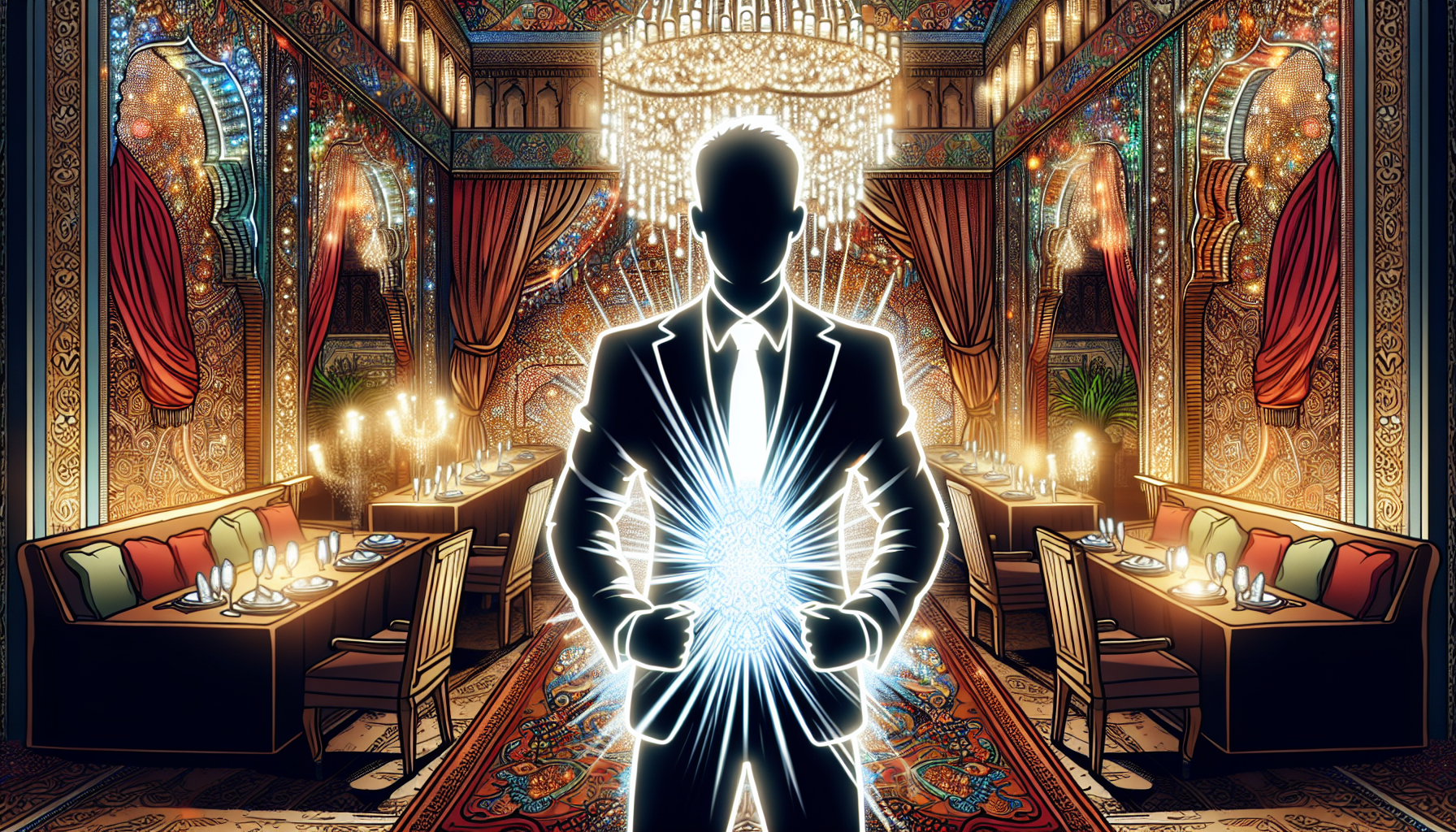 man's silhouette shining with an intense white light in luxurious background 