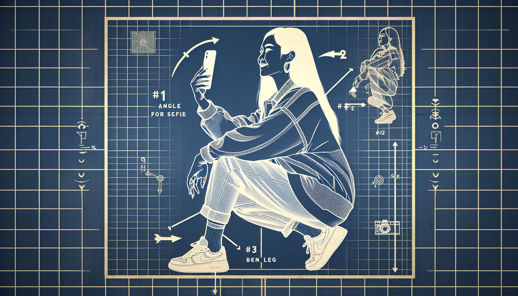 A blueprint-style digital illustration showcasing a stylized woman in a confident selfie pose. The subject is depicted as a clean white line drawing, kneeling with one leg bent, trainers, and holding a phone to her face, all set against a navy blue grid background reminiscent of technical drawing paper. Labeled arrows point to key pose elements: "#1 ANGLE FOR SELFIE", "#2 BEND LEG", and "#3 ARCH BACK," with bold white text at the top reading “INSTA BADDIE POSE”. The background features subtle technical annotations and a faint, aged paper texture, enhancing the schematic aesthetic and blending fashion culture with a humorous, infographic style.