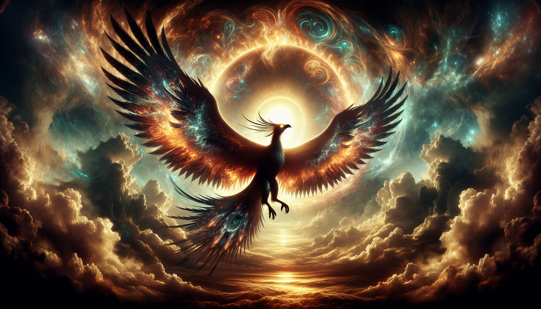 Le Cis, un oiseau colossal d’inspiration biblique et mythologique. Il plane dans le ciel, ses ailes si vastes qu’elles occultent complètement le soleil, plongeant le monde dans l’ombre. Sa silhouette rappelle celle d’un phénix, mais plus sombre, plus ancien et plus redoutable. Plumes incandescentes aux reflets métalliques, yeux flamboyants, aura écrasante et divine. Arrière-plan apocalyptique, ciel tourmenté, ambiance sacrée et terrifiante. Style épique, détaillé, entre réalisme mystique et art visionnaire.