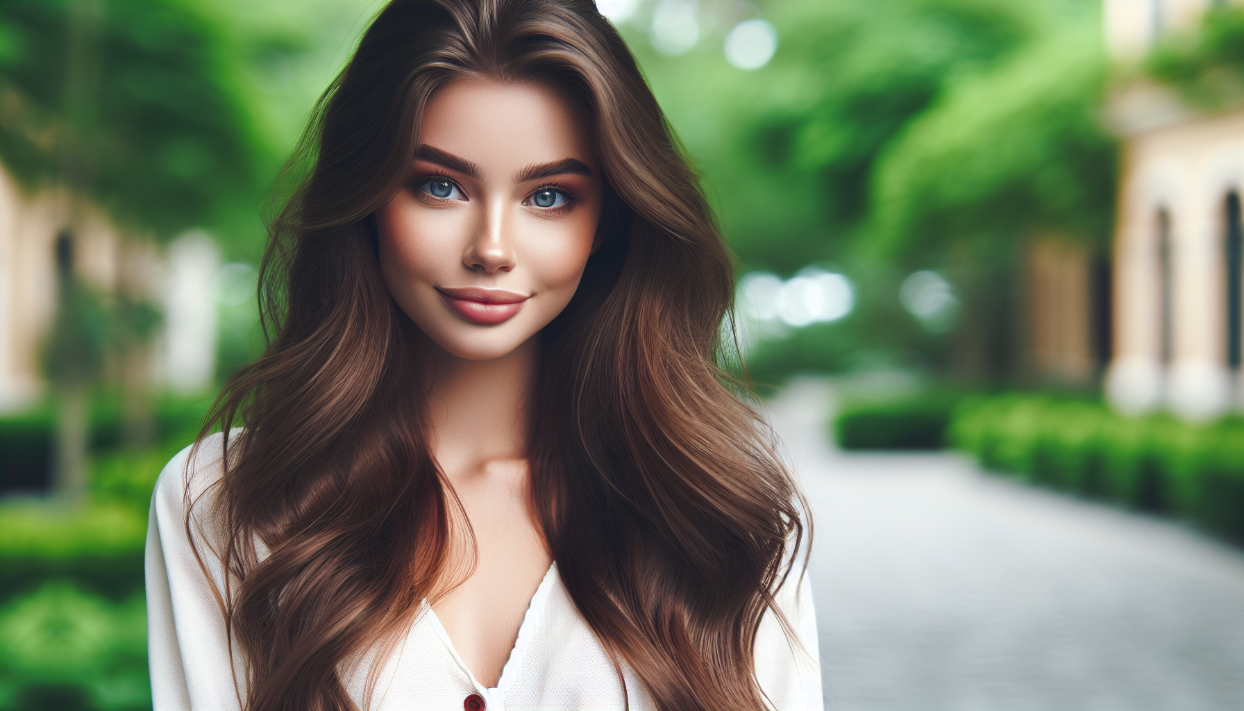 a beautiful young woman with long flowing hair, soft natural makeup, gentle smile, wearing a casual white blouse, natural outdoor lighting, blurred green background, photorealistic, high resolution, DSLR quality, Instagram style portrait