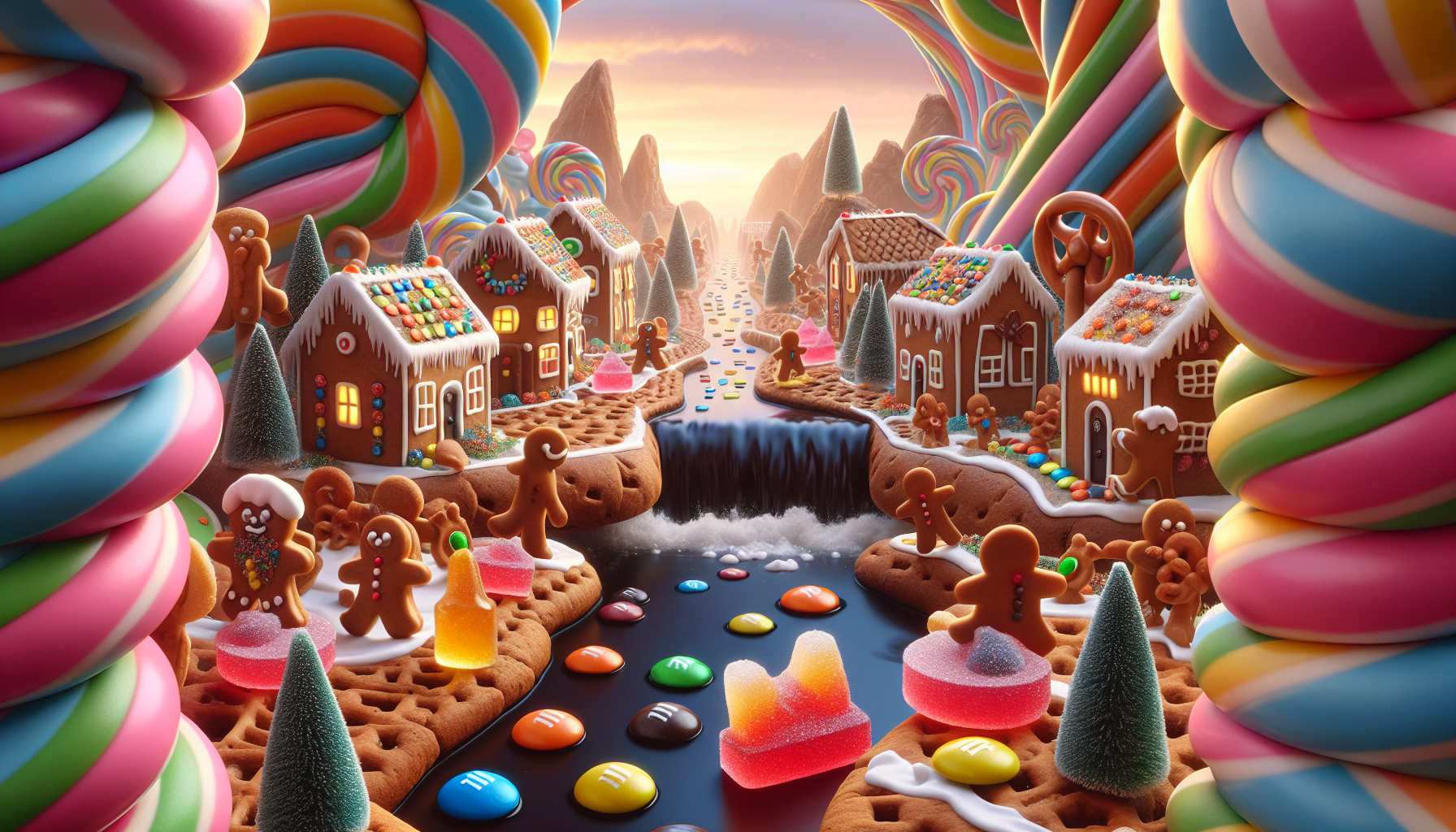 Magical Hyperrealism 8K. A candy town with gingerbread houses, cookie streets, and a dark chocolate waterfall. Realistic gingerbread inhabitants with icing details and M&M's buttons. Gummy animals (jelly foxes, glitter bears) and pretzel trees. Cotton candy sky, warm sunset lighting. Tactile textures (gooey chocolate, crunchy cookies), foreground focus with soft blur. Style: realistic macro photography, cinematic lighting
