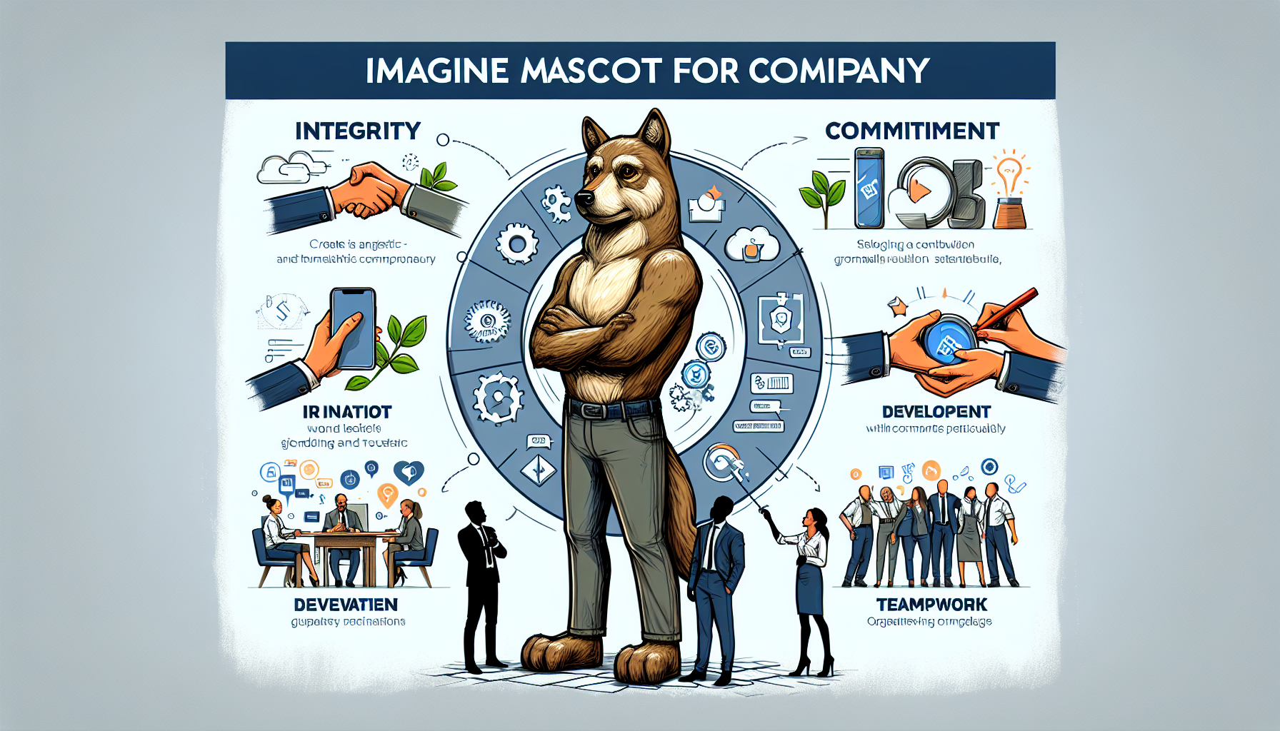 A mascot for a company should represent the company's values: integrity, commitment, innovation, development, and teamwork. I would like a realistic and friendly image.