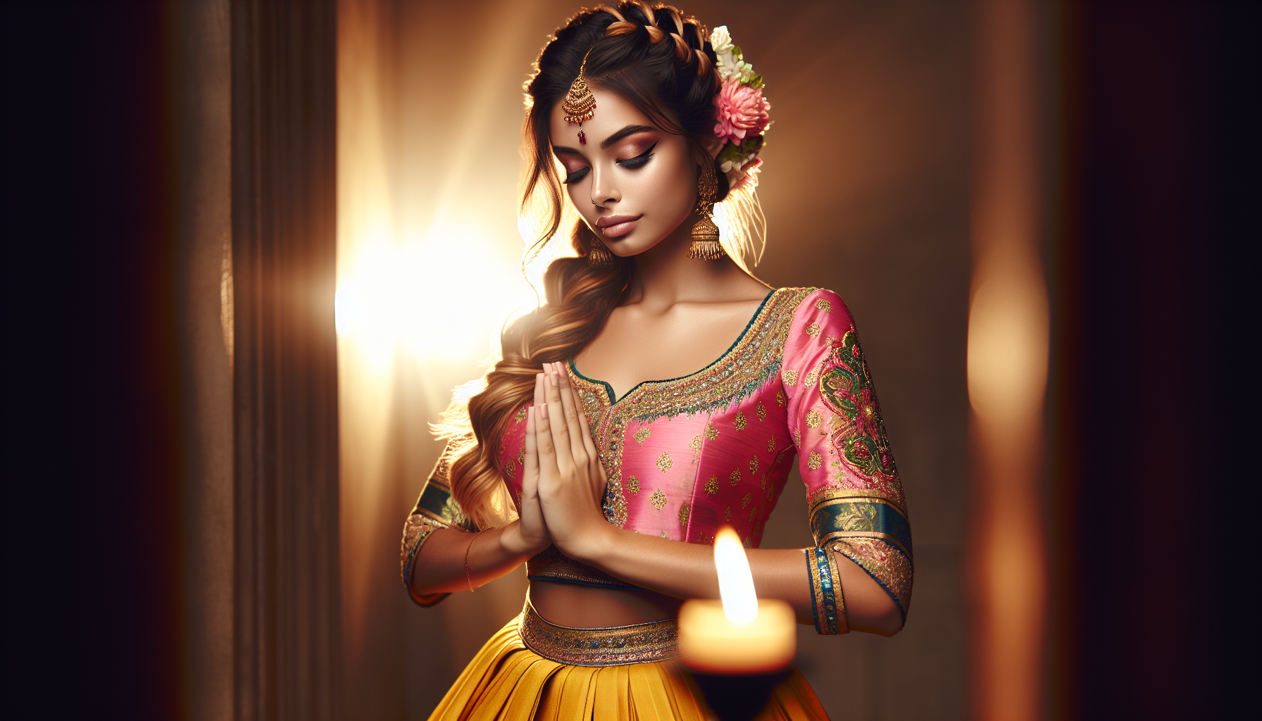A bold 23-year-old Indian girl with indian traditional dress, yellow skirt and pink top braided hair with flowers prays to god and lits lamp