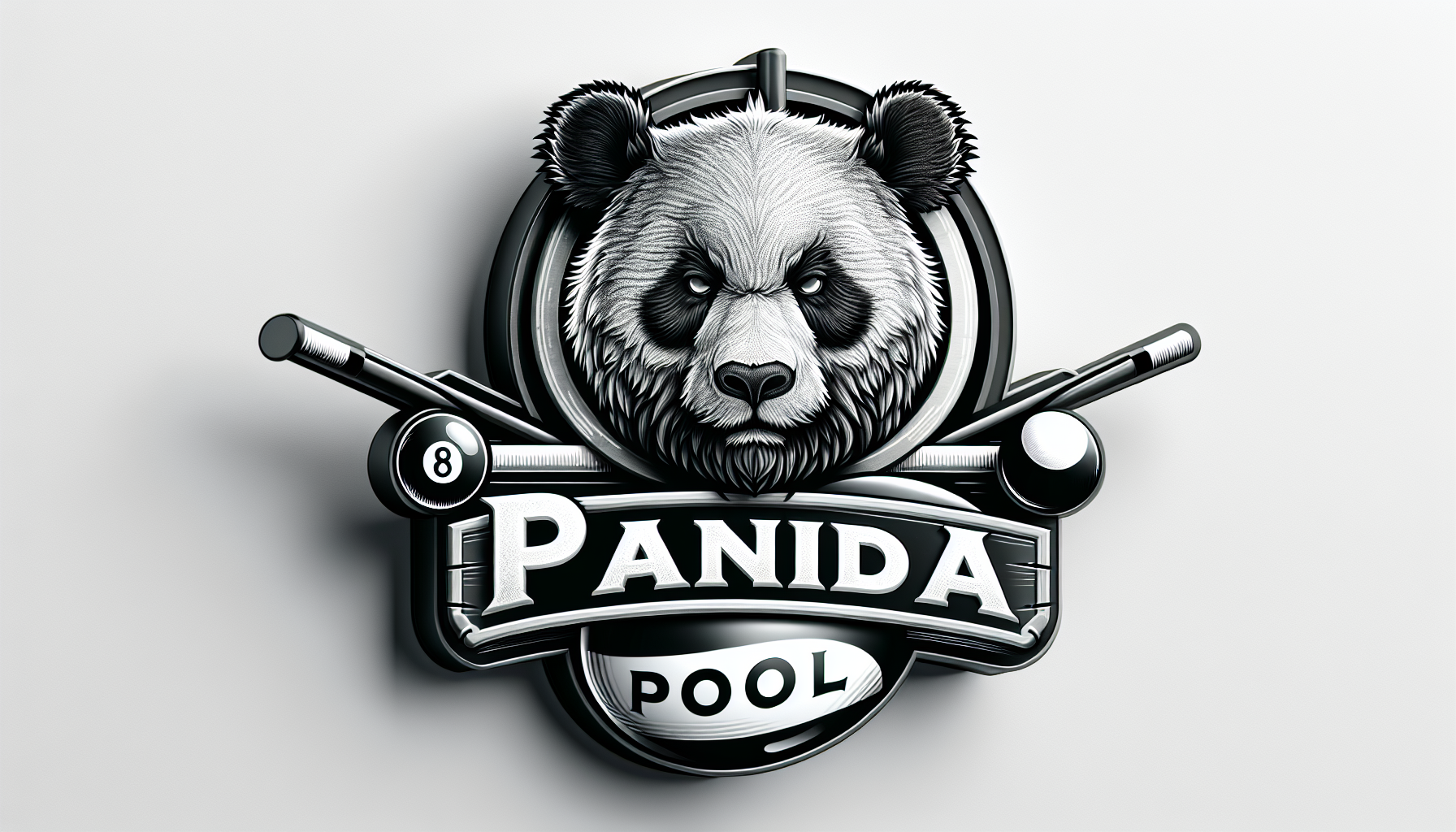 Logotipo con la cara de un oso panda rudo y una bola 8 de pool, que diga "PANDA POOL"