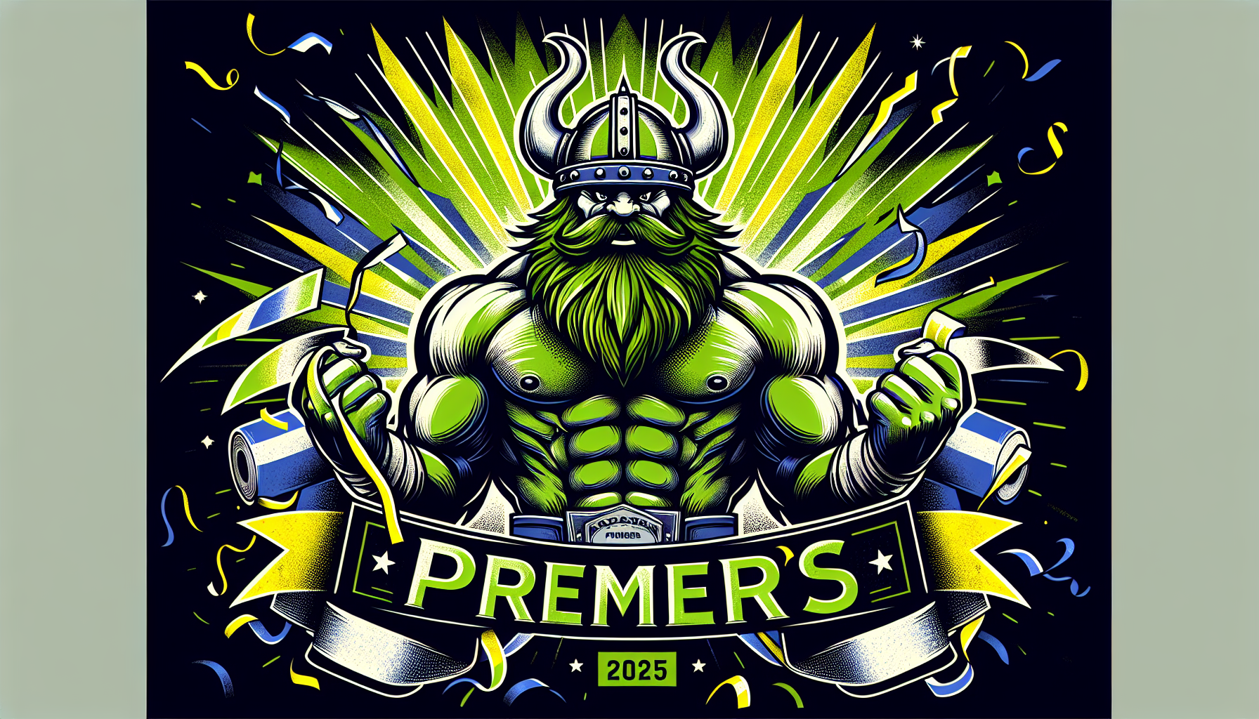 A dynamic, vintage-style sports poster illustration featuring a powerful Viking mascot in a triumphant pose. The Viking, with a horned helmet, a large green bushy beard, and a gaze of unwavering intensity, stands confidently before a radiating lime-green burst, accentuated by stark shadows and bold navy, blue, and white outlines against a solid black background. Above the mascot, the words "PREMIERS" are displayed in bold, curved vintage block letters, accompanied by "2025" in elegant script, while below, "RAIDERS" is etched in all-caps, all bathed in dramatic stadium lighting highlighting the mascot's muscular build. Scattered lime, yellow, and blue ticker tape swirls around the Viking, emphasizing a celebratory atmosphere and creating a sense of dynamic action and triumphant victory.
