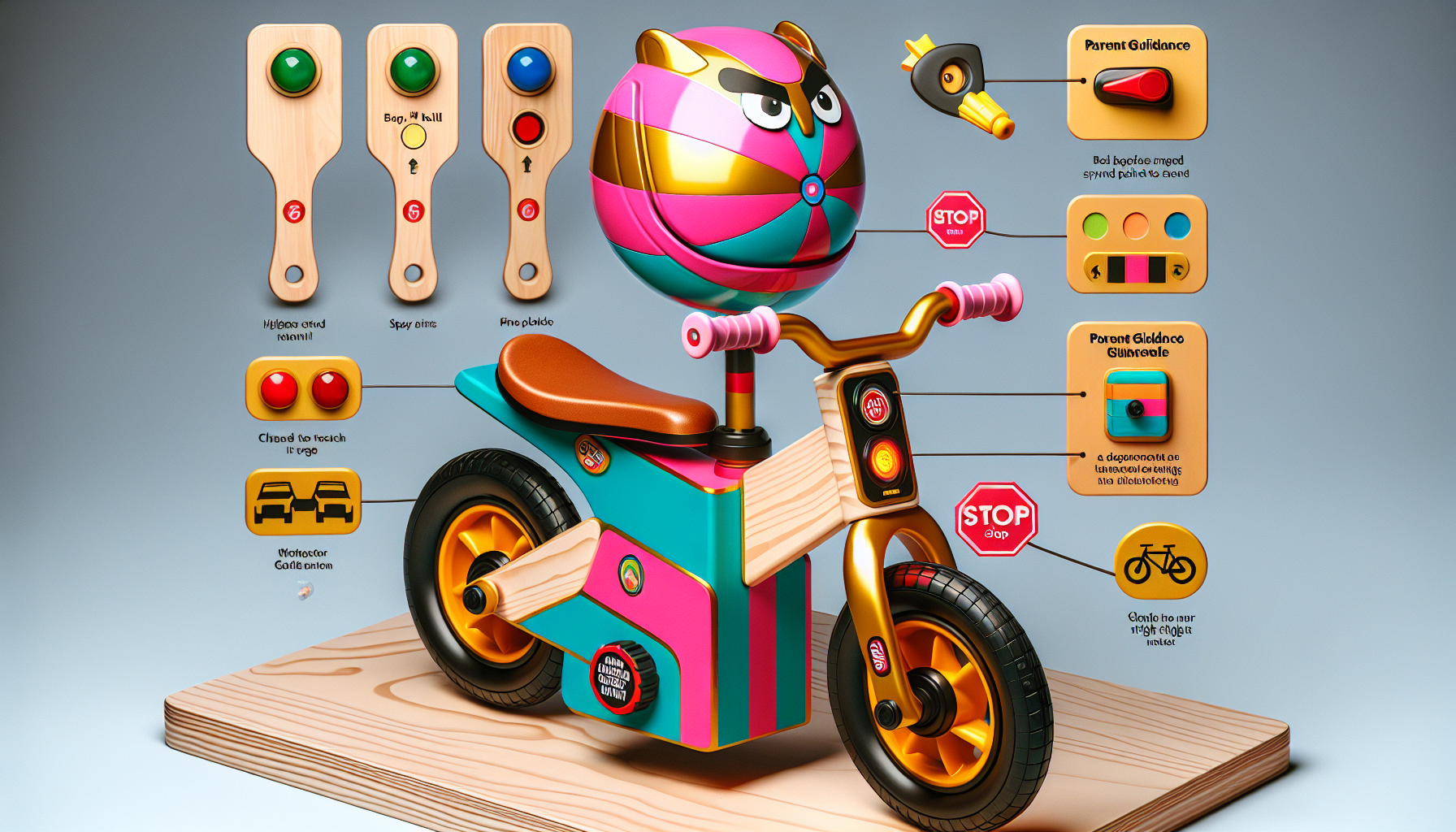 /imagine 
Diseño de una bicicleta de equilibrio para niños de 3 a 8 años con temática de Vanelophe de la película deRalph el demoledor 1 que cumpla los siguientes requerimientos y deseos: 

+Debe tener un asiento con altura ajustable

+Debe estar hecha de triplay de pino de 1,5mm de grosor

+Debe contener tornillería  segura 

+Debe estar pintada con pinturas en aerosol base agua

+Debe contener un asiento de goma cómodo para los niños

+Debe tener un manubrio con gomas a los costados

+El manubrio debe rotar únicamente a 45°

+Debe contener una agarradera que facilite a los padres guiar a sus hijos mientras aprenden a andar en bici

+Debe contener la siguiente estrategia de movilidad: un timbre que alerte a los demás cuando el niño va pasando por algún lado, una serie de paletas cartel que incluyan señalamientos de transito y un semáforo integrado en la bicicleta. La estrategia consiste en ir mostrando los señalamientos al niño y que el con el semáforo indique que debería hacer, por ejemplo, si se muestra el señalamiento de alto el niño debería para de andar en la bici y cambiar el semáforo a color rojo.

+Debe estar inspirada en el personaje de Vanelophe de la película Ralph el Demoledor 1