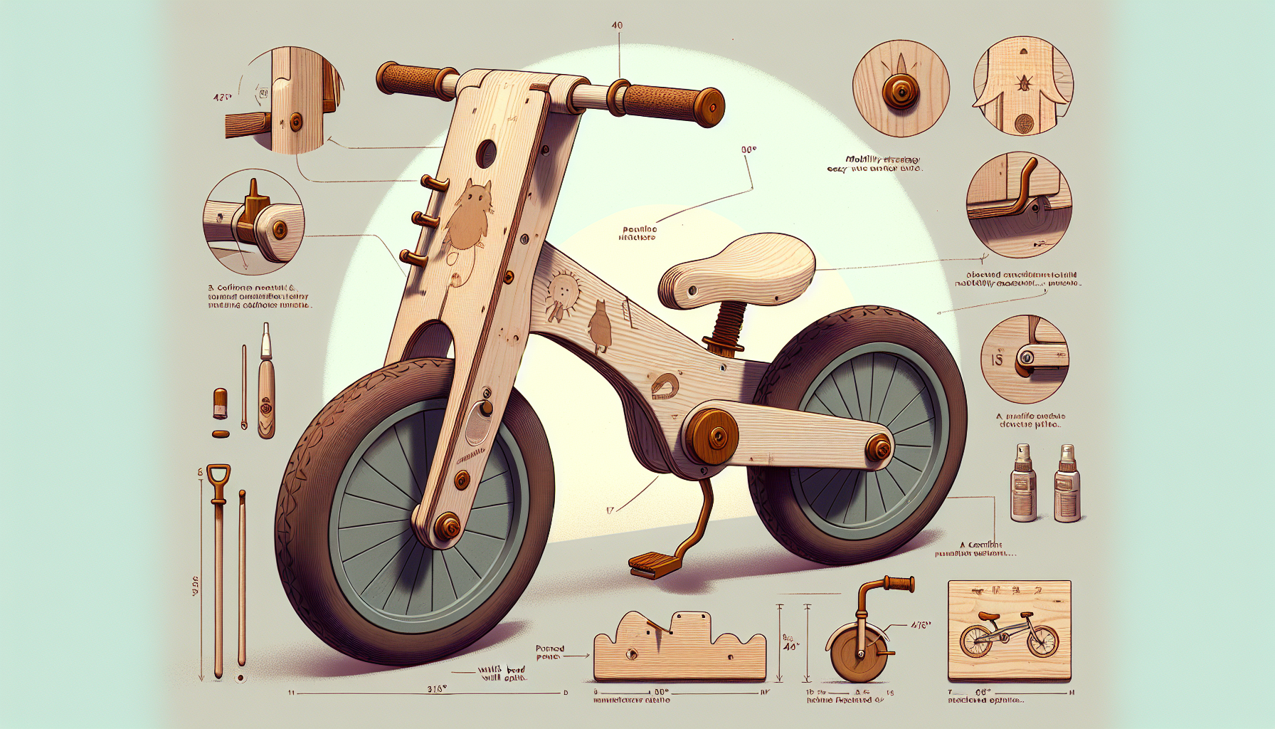 /imagine Diseño de una bicicleta de equilibrio para niños de 3 a 8 años que cumpla los siguientes requerimientos y deseos: 

+Debe contener la siguiente estrategia de movilidad que ayude a que los niños aprendan de responsabilidad vial y sea fácil de entender para ellos.

+Debe estar hecha de triplay de pino de 1,5mm de grosor

+Debe contener tornillería  segura 

+Debe estar pintada con pinturas en aerosol base agua

+Debe contener un asiento de goma cómodo para los niños

+Debe tener un manubrio con gomas a los costados

+El manubrio debe rotar únicamente a 45°