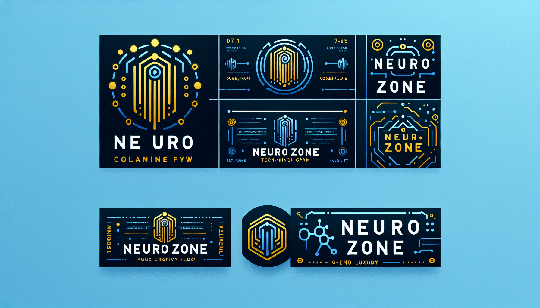 Diseña un logotipo minimalista y elegante para la marca de gimnasio tecnológico Neuro Zone. El diseño debe transmitir sofisticación, innovación y tecnologico, utilizando una paleta de colores basada en azul eléctrico y amarillo cálido. La tipografía debe ser sobria, moderna y legible, con posibles detalles refinados.
Elementos clave:
•	Estilo: Minimalista, atemporal y de alto nivel de lujo.
•	Color principal: azul eléctrico (inspirado en el gimnasio tecnológico), combinable con negro, blanco o amarillo cálido opcional para elegancia.
•	Tipografía: deja fluir tu creatividad.
•	Símbolo/icono (opcional): Si se incluye, puede ser una cabina espacial tecnológica
•	Versatilidad: Que funcione en fondos claros y oscuros, y sea escalable para uso en botellas, etiquetas, tarjetas y publicidad.
•	Textura/efecto (opcional): Puede incluir un acabado sutilmente texturizado o un brillo discreto para dar sensación de premium.
