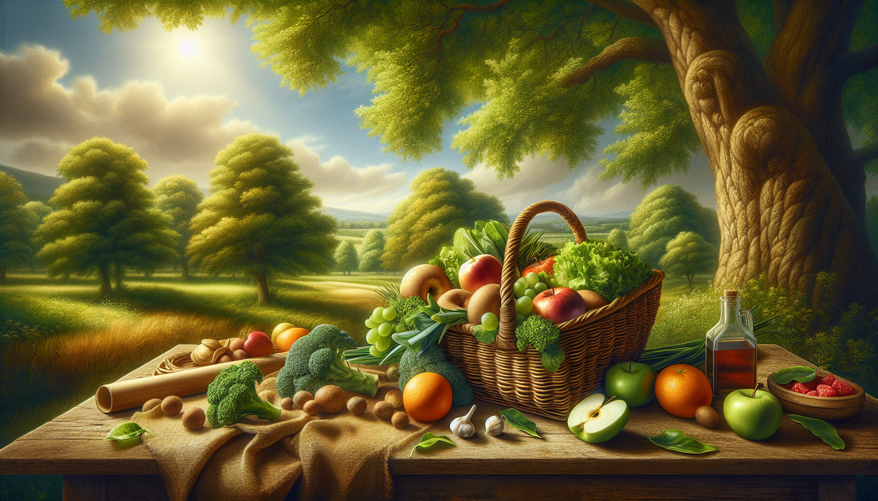 image of healthy foods, in a basket on a table