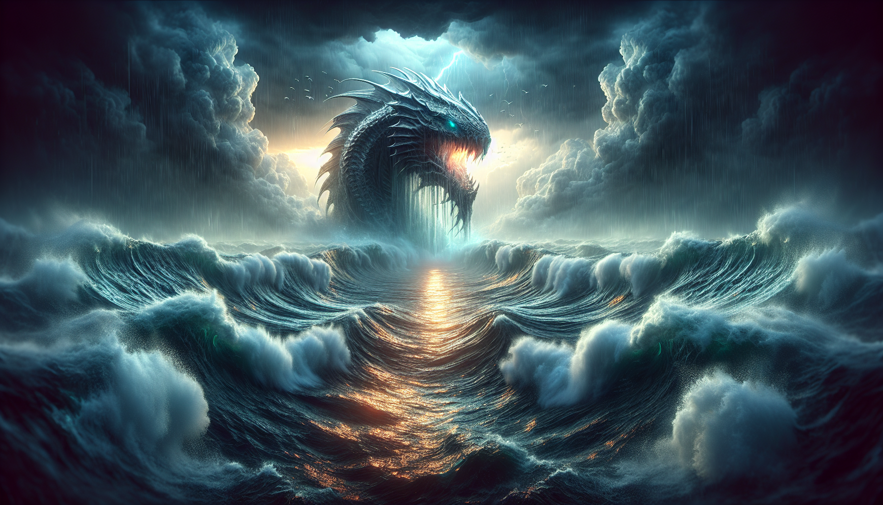 From the depths of a storm-wracked ocean, an immense beast begins to rise — the Leviathan. Lightning tears across the sky as towering waves surge around its colossal form. Its head is just starting to emerge from the black water, scales glistening in the stormlight. Then, it unleashes a deafening roar — so powerful it seems to shake all of creation itself. The air quivers, the sea convulses, and even the clouds recoil. The scene is charged with apocalyptic energy. Ultra-detailed, cinematic lighting, epic fantasy style

