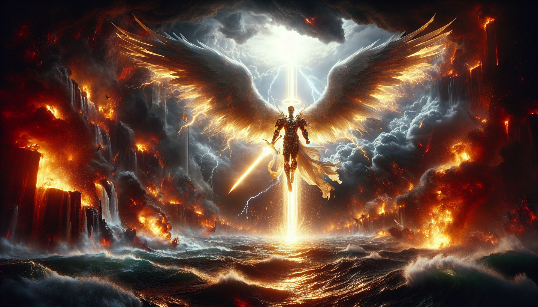 Amid a storm-torn sky, fire and lightning consume the ocean below as the Leviathan breathes destruction onto a burning ship. But high above, a radiant light pierces the darkness — the Archangel Michael descends. His luminous wings spread wide, glowing with divine light that cuts through the storm like a blade. Clad in shining celestial armor, he holds a flaming sword, his gaze fixed on the monstrous beast below. The contrast is striking: divine brilliance in the sky, chaos and fire on the sea. Epic fantasy, ultra-detailed, dramatic lighting, high contrast between light and shadow, cinematic composition.