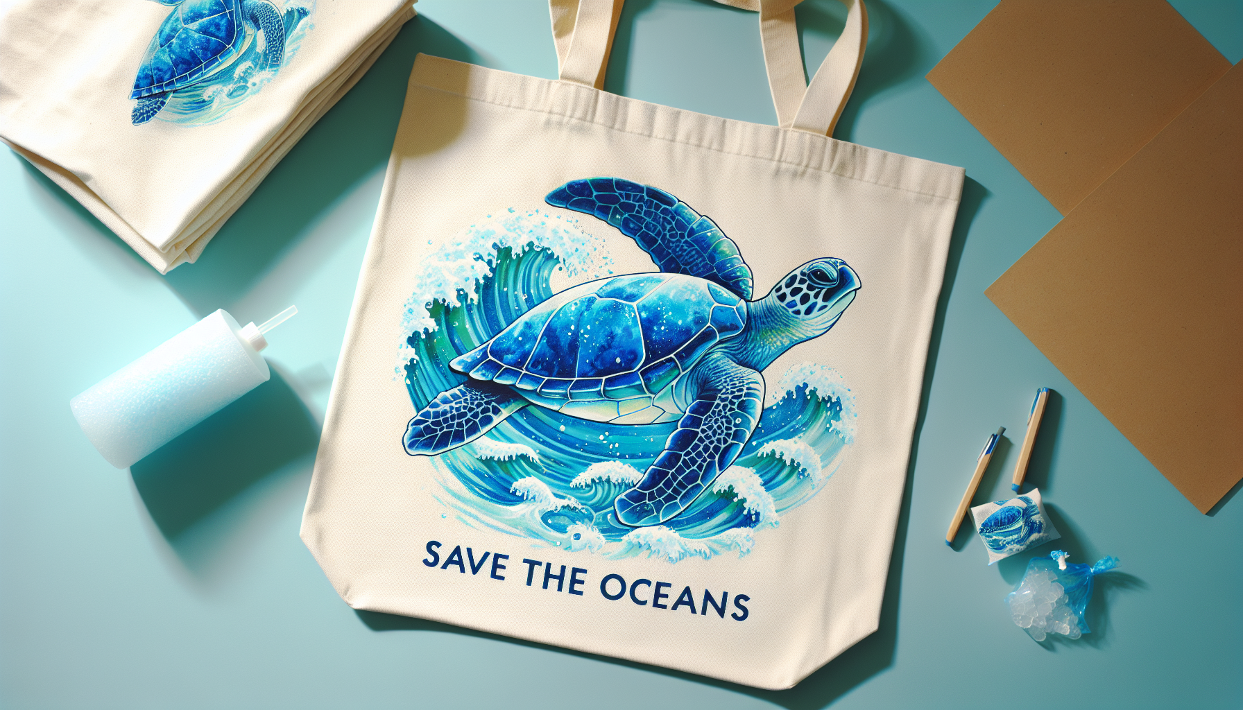 "Bolsa de tela con diseño 'Save the Oceans', tortuga marina, colores azules"
