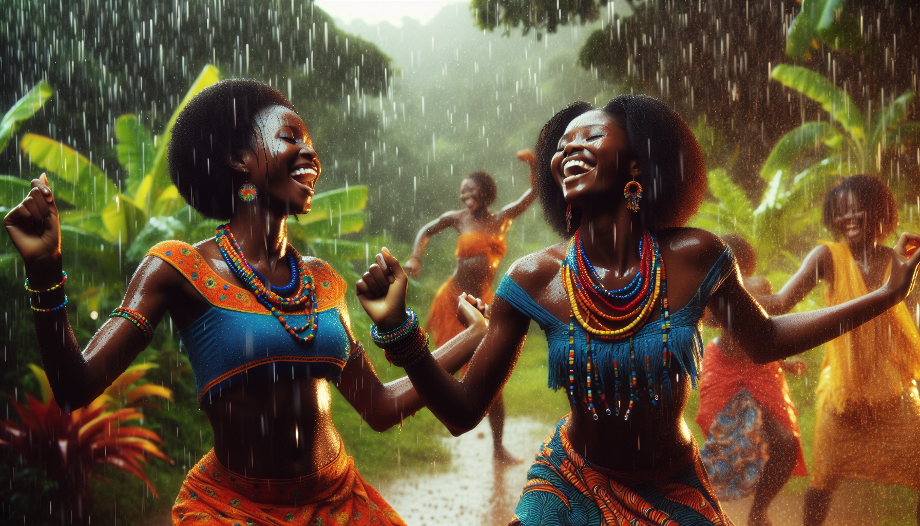 African ladies dancing under the rain
