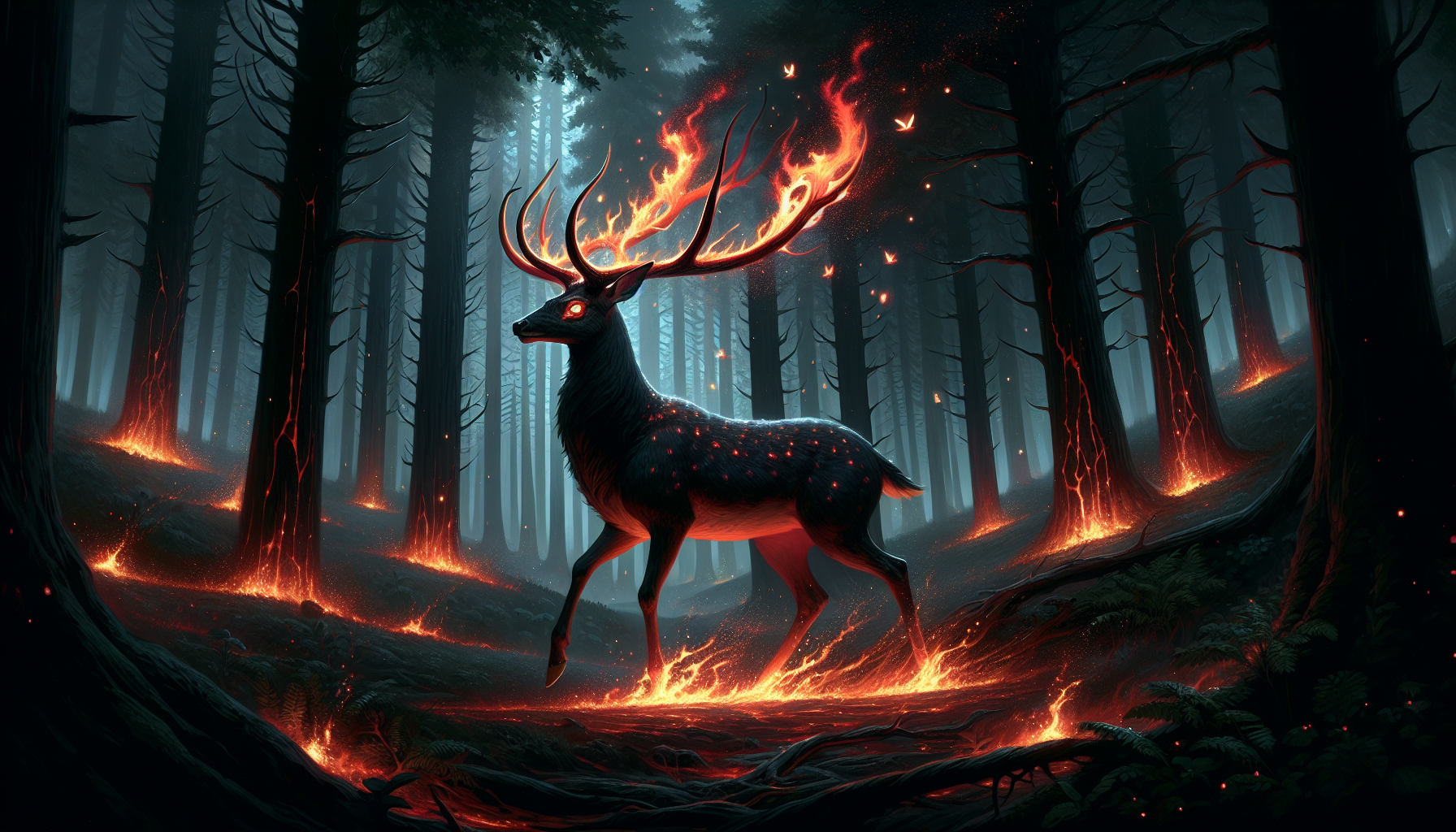 A majestic fire deer known as a Fangrul stands in the glowing underbrush of a dense, shadowed forest. Its antlers blaze with fiery light, flickering with gentle flames that dance and shimmer with every movement. The creature’s fur is a deep charcoal black, emitting faint embers, while its eyes glow with intense crimson fire. As it moves gracefully through the forest, each step leaves behind glowing footprints and drifting ash. Small fireflies of flame circle its body as it surveys its surroundings with calm but powerful presence. The forest around it is dark and humid, dotted with lava-rooted trees and glowing embers hidden among the undergrowth. This sacred guardian of the southern forests of Thelssais exudes a mystical balance between flame and nature. Cinematic fantasy art, semi-realistic, glowing fire effects, enchanted woodland setting, divine forest guardian.