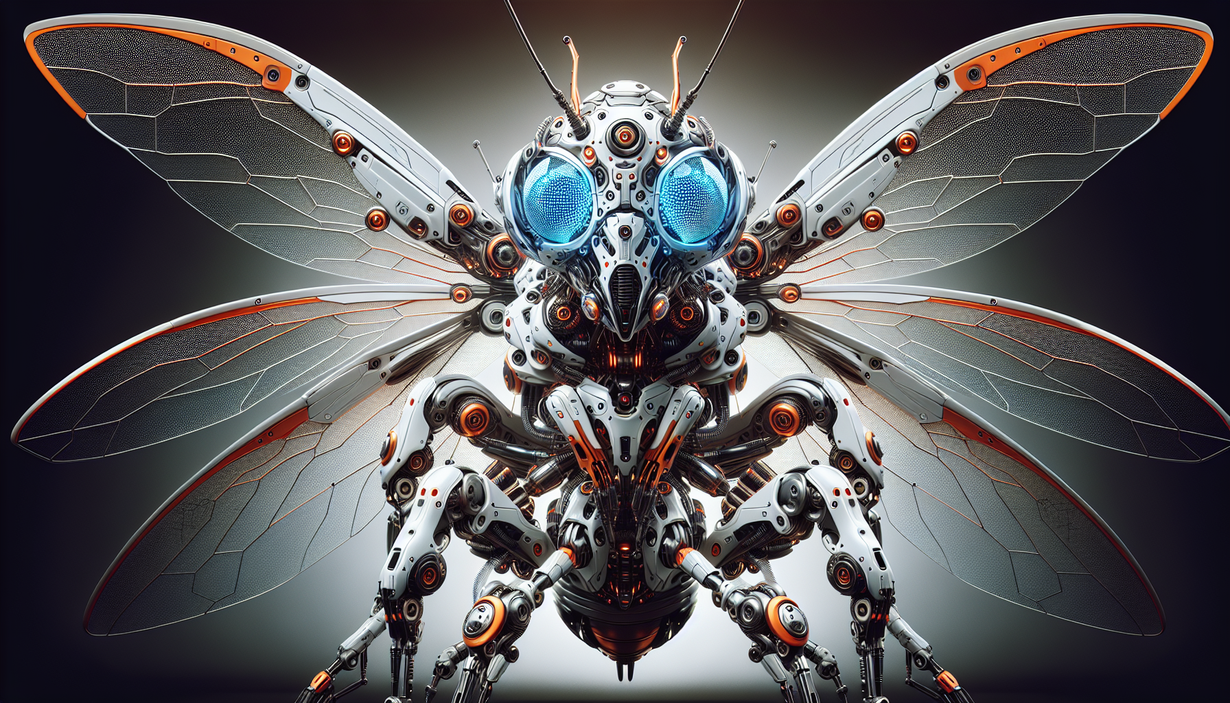This is a digital illustration of a futuristic, robotic insect-like creature with a mix of mechanical and organic features. The creature has a white and orange body with glowing blue eyes, metallic wings, and intricate mechanical details. It has a large camera lens on its front and several antennae. The background is a plain, gradient grey. The style is detailed and realistic, with a sci-fi aesthetic.