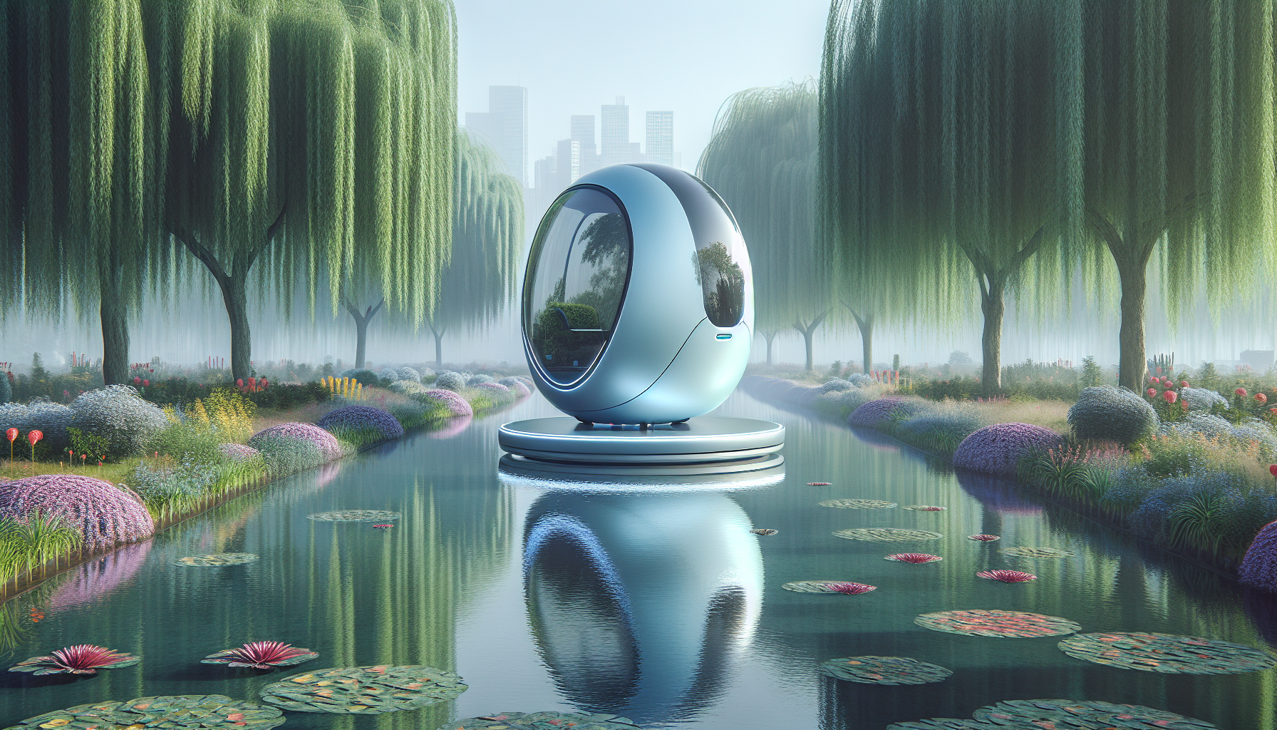 This photograph showcases a sleek, modern, egg-shaped autonomous vehicle with a light blue exterior and tinted windows, parked on a reflective, serene pond. The vehicle features a minimalist design with no visible wheels, suggesting advanced magnetic levitation technology. The background features lush, verdant foliage with tall, weeping willow trees and colorful flowers, reflecting on the calm water. The setting is a peaceful, well-maintained garden, possibly in a park or botanical garden, with distant, hazy city buildings visible in the misty background. The scene exudes a futuristic, tranquil ambiance.