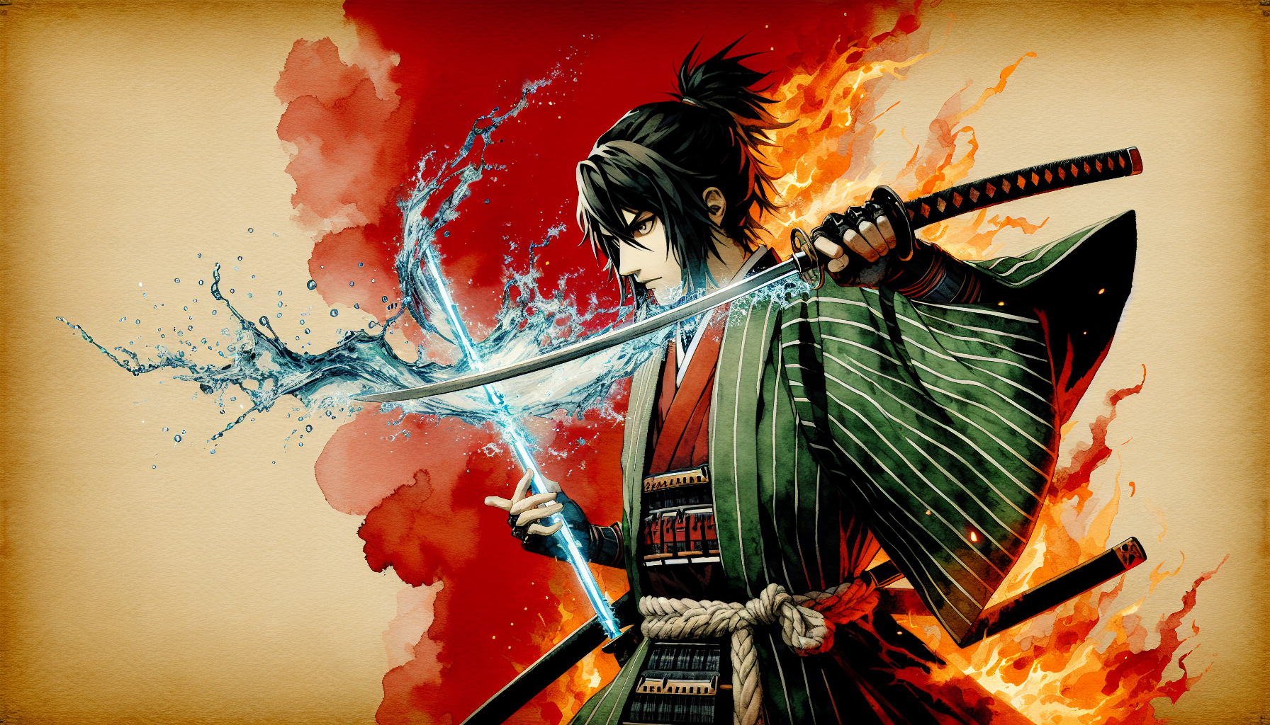 Anime Demon Slayer Tanjiro Kamado & nuzko realistic Sword Ready Attack Pose red background Water & Fire Attack Desktop Wallpaper
