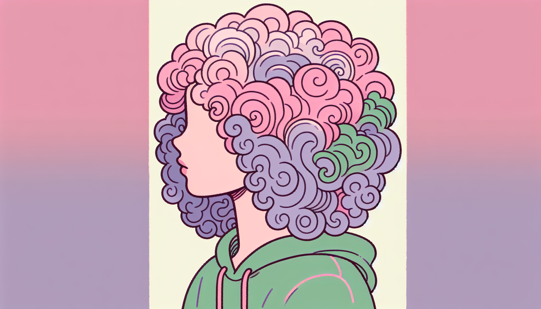 some not ralistic line art of a girl's profile that has curly fluffy hair make it look like clouds and her face should not be detailed only hair and face and nech arevisible with a green hoodie and a pink purple cloud hair