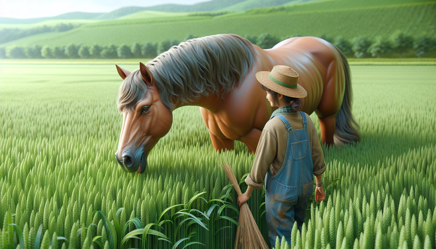 Happy Horse in a field with a female worker
