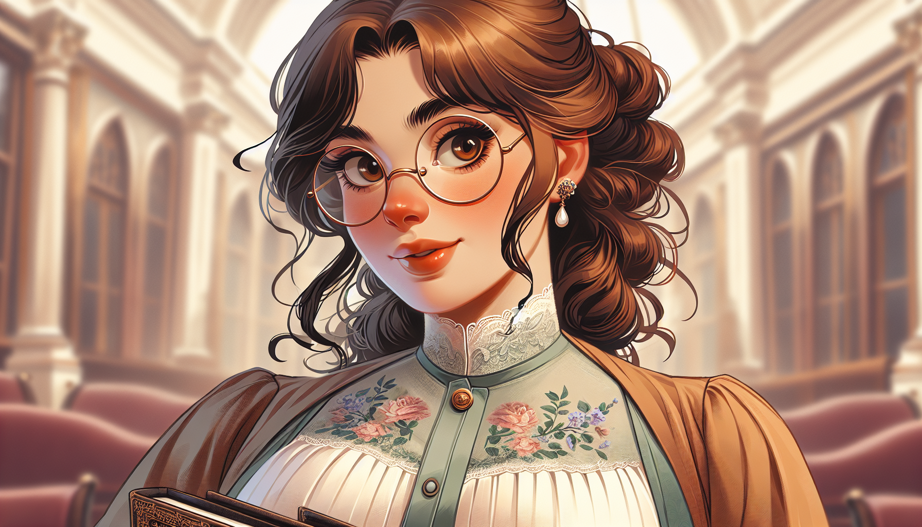 mujer hermosa con algo de sobrepeso de 19 años de pechos grandes y hermosos , de piel blanca , usa anteojos de la época, tiene cabello castaño oscuro, mirada pícara, usa un vestido elegante. Imagen ambientada en la época victoriana. portada de novela de Romance histórico. 