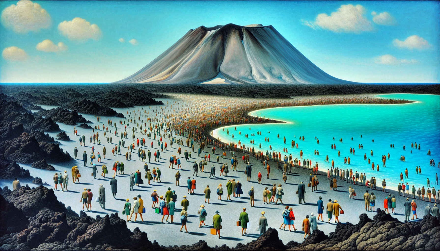 Volcanic landscape of Lanzarote island with clear signs of overcrowding due to mass tourism