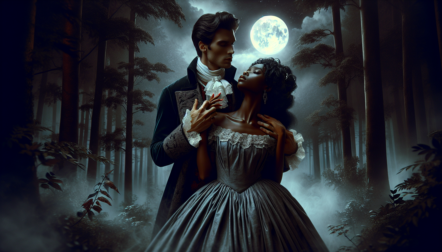 (high quality, cinematic dark romance aesthetic: 1.2), **historical romance cover**, rich shadows and silver moonlight, deep forest at night, mist swirling around the character’s feet,

The **male protagonist** is dressed as a duke, muscular build, handsome eyes, short, tousled black hair, veins visible near the neck,

He's standing behind the **male protagonist**, one hand possessively on her waist, the eye gently gripping her jaw, pulling her close but not yet kissing her: tense and intimate,

The **female protagonist** has long, flowing hair (eilar black or red), wearing an elegant dress, she is beautiful,
neck partially exposed,

The moon above the moon casts a silver glow, blood-red clouds weaving through the sky,

Fated Souls, dominant and vulnerable energy: 1.2), dramatic angle from below to emphasize power and possession.

Victorian era