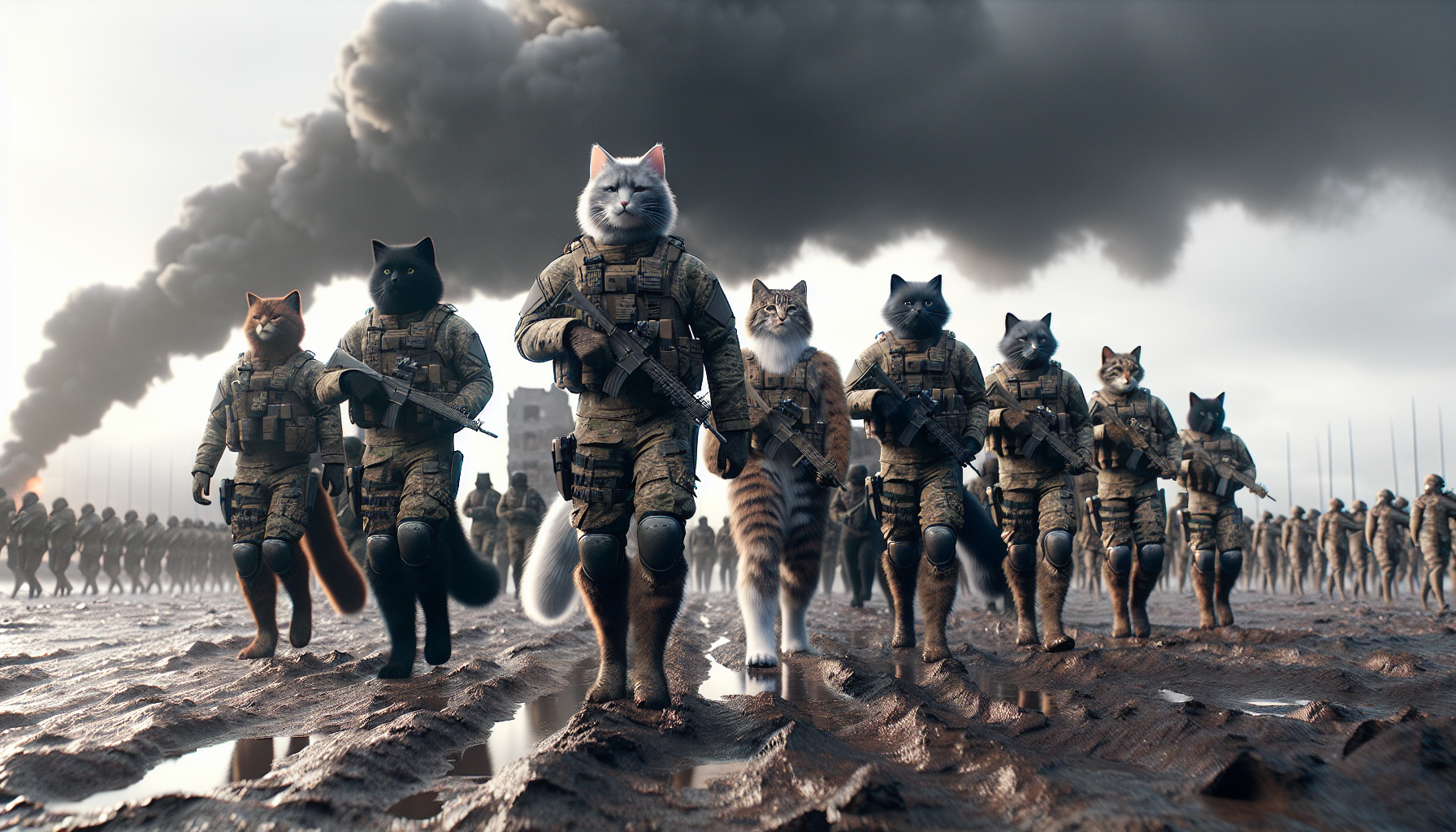 A group of human-shaped upright cat soldiers walking in formation across a muddy battlefield, white cat leading them, wearing combat gear, dark and cloudy sky, war-torn landscape with smoke and ruins, cinematic 3D rendering, dramatic lighting, realistic fur and clothing textures