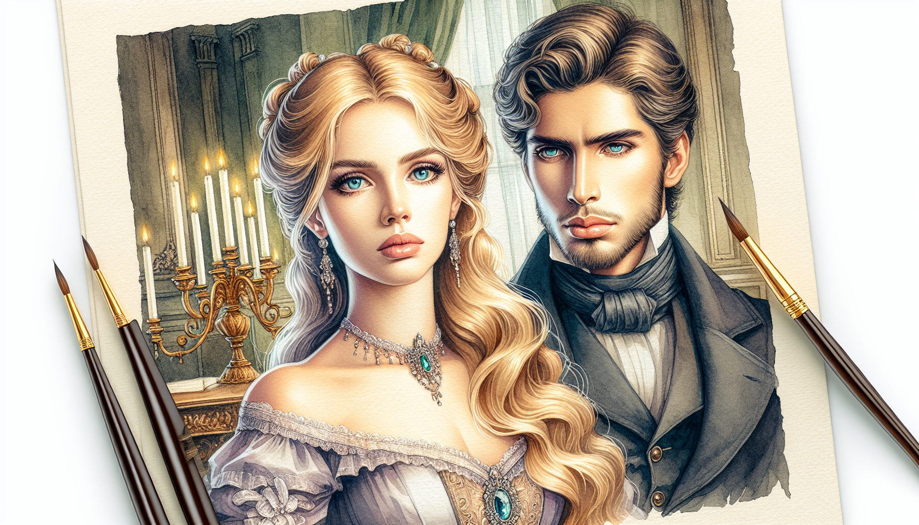  creates a beautiful woman , blonde, Beautiful mane dressed in the Victorian era. light eyes. Next door is a mysterious, handsome, sexy, Serious. In the background of a room. elegant dresses. 