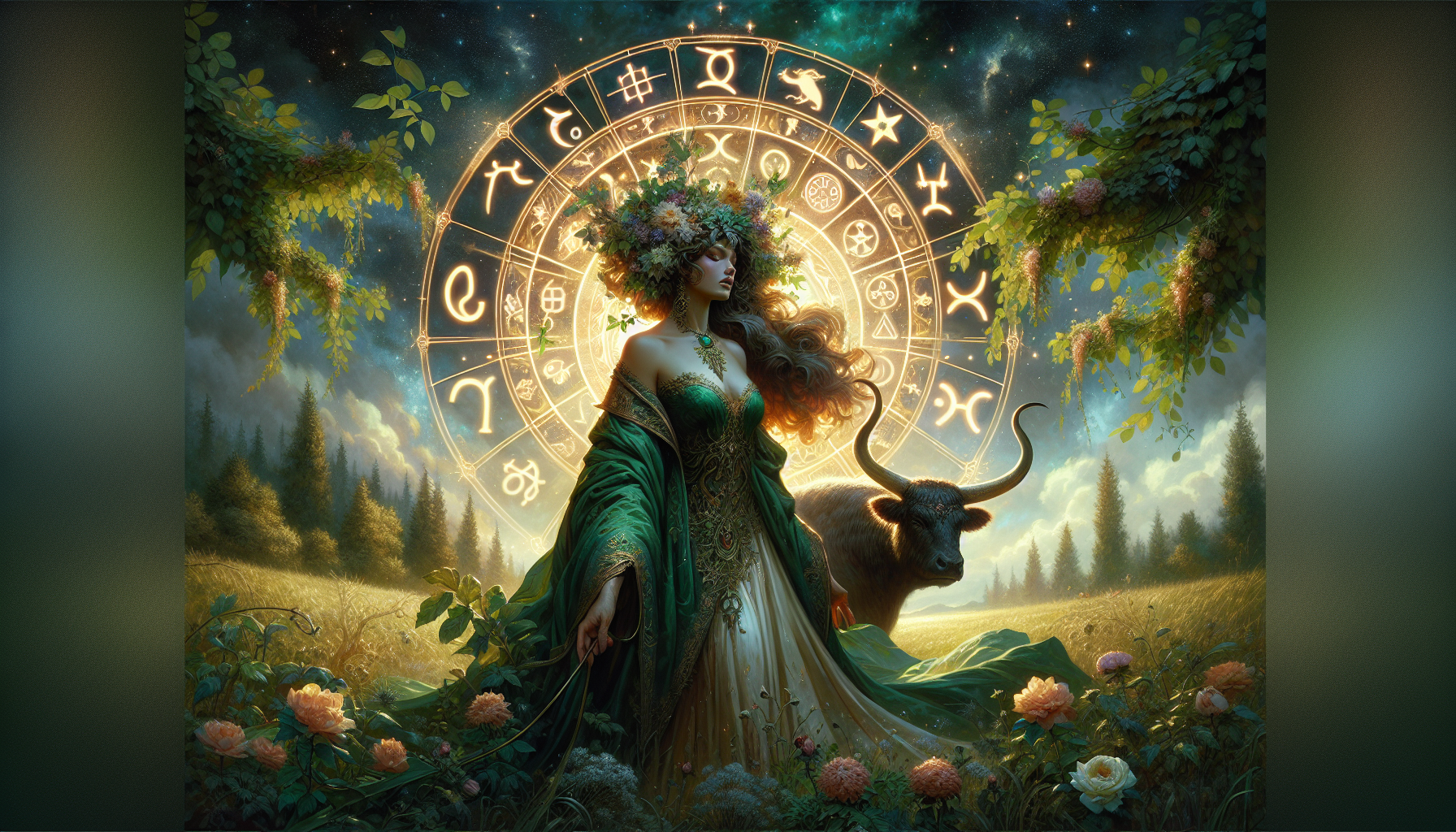 A serene goddess representing Taurus zodiac sign, standing in a lush green field under a starry sky, a glowing zodiac wheel behind her with the Taurus symbol shining, crowned with flowers and horns resembling a bull, surrounded by vines and blooming roses, wearing an elegant emerald robe, soft golden light and earthy tones, peaceful and powerful energy, fantasy tarot card style, highly detailed and mystical