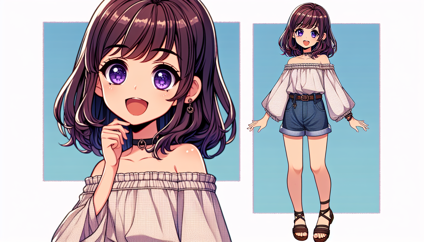 全身
肩が出ている服装
サンダルを履いている
ショートパンツ
紫色の瞳
かわいい
１９歳くらい
ギャル
サンダルを履いている
笑顔
アンクレットを付けている