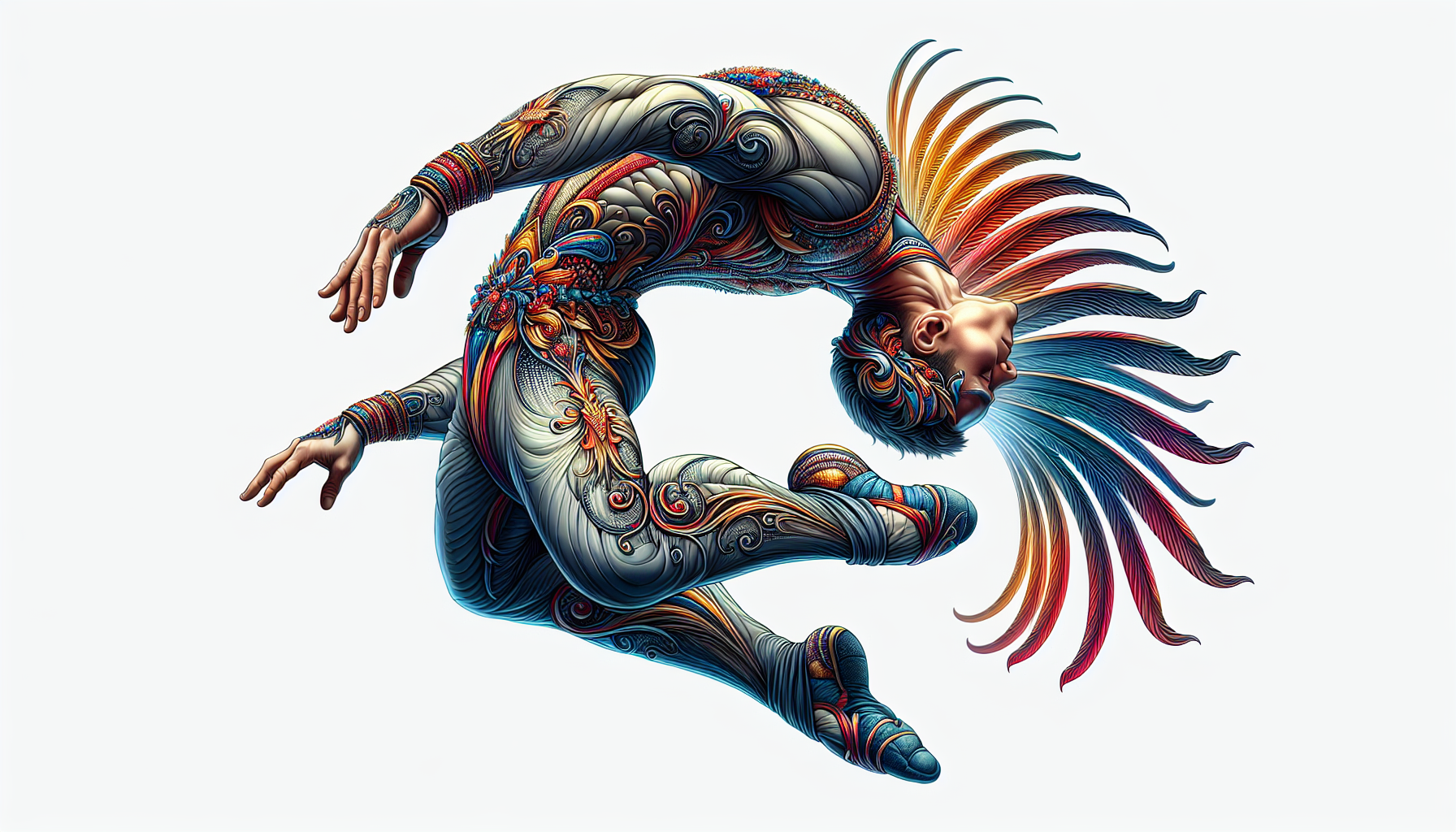 Cirque style male performer , summersault forward tucked position