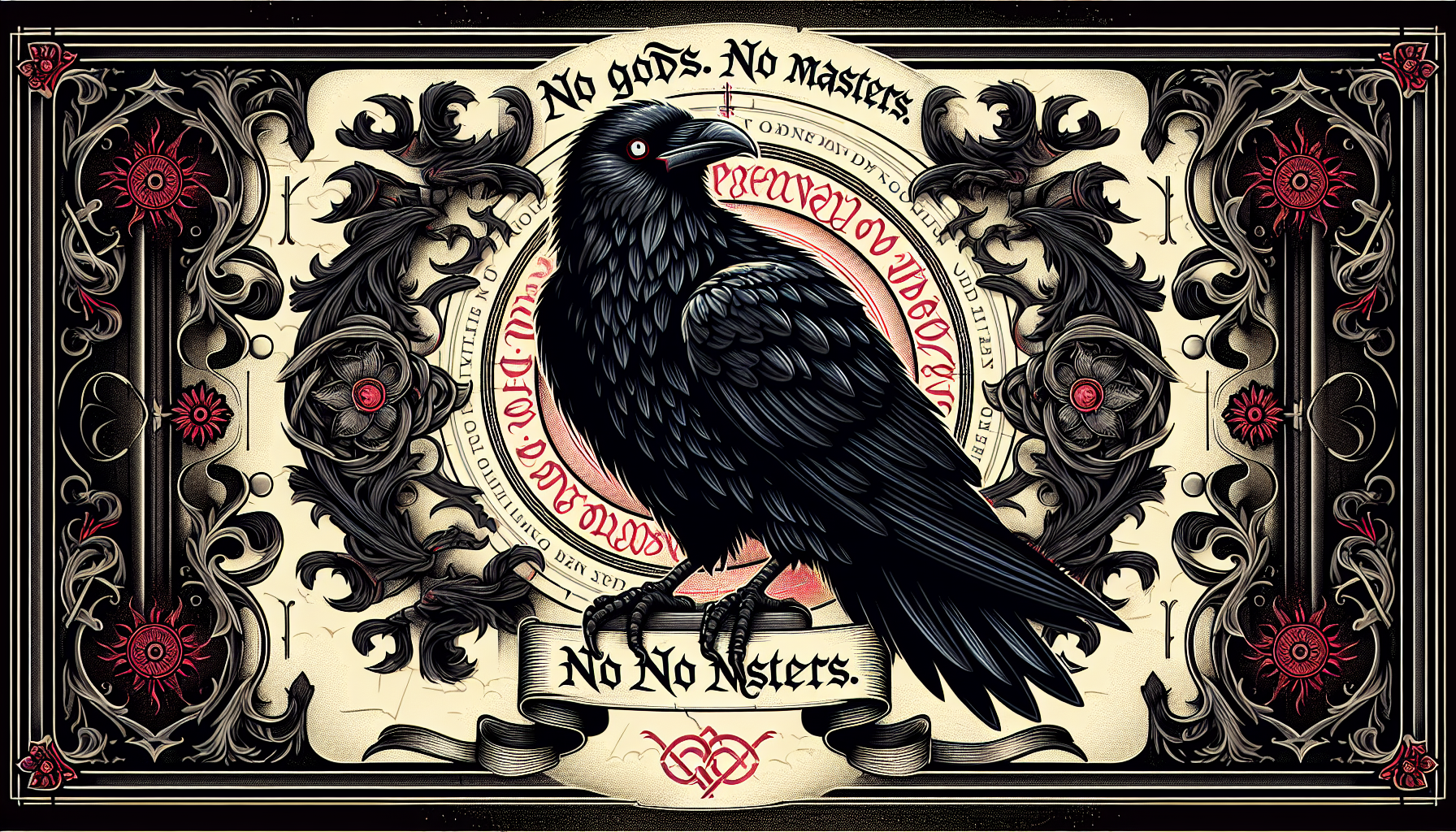 A highly detailed vector art illustration in a medieval fantasy style depicting a majestic raven perched upon an antique, ornate scroll. The raven possesses a deep, glossy black plumage accented with crimson highlights around its eyes and beak, its piercing white eyes conveying wisdom and an aura of ancient power as it gazes directly at the viewer. The scroll bears the bold gothic text "No Gods. No Masters." framed by an elaborate, symmetrical ornamental border of interwoven vines and stylized floral patterns rendered in a limited color palette of black, red, and white against a subtly textured background resembling aged parchment. Soft, ethereal light illuminates the raven and scroll, creating a mystical and powerful atmosphere, as if revealing an ancient, forgotten prophecy.