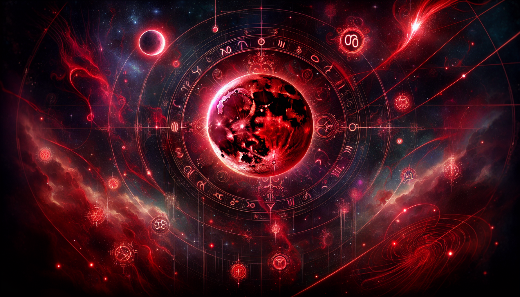 A dark and mystical cosmic scene featuring a glowing blood-red moon surrounded by ancient astrological symbols and floating zodiac glyphs. The Cancer zodiac symbol is carved into the surface of the moon, pulsing with crimson energy. Red constellations and celestial lines stretch across a starless black sky, with orbiting lunar fragments glowing faintly. Ethereal red light beams radiate from the moon, creating a powerful astrological aura. In the background, a giant faded zodiac circle is partially visible in deep space. No human figures, only celestial elements and symbols. High-resolution fantasy space art, dark and red color scheme, powerful mystical mood, occult and cinematic style.
