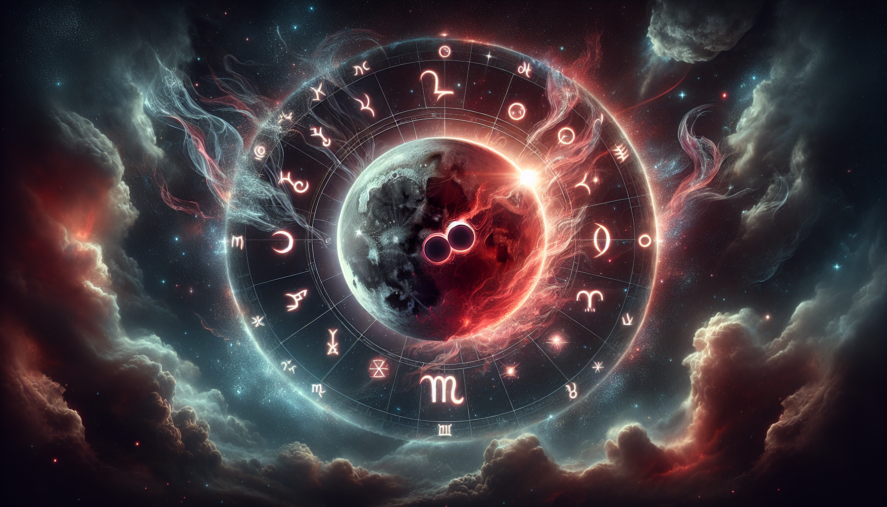 A powerful and mystical scene depicting an astrological lunar eclipse in deep space, where the moon is partially covered by Earth's shadow, glowing with a fiery crimson and silver aura. Astrological symbols and zodiac signs orbit around the eclipse in a magical celestial ring. The Cancer zodiac symbol appears subtly in the center of the moon’s surface, pulsing with ancient energy. Dark cosmic clouds swirl around, with silver stardust and constellations faintly glowing in the backdrop. A radiant energy wave spreads across the sky, symbolizing astrological influence. No human figures, just celestial and symbolic elements. High-detail fantasy space art, cinematic atmosphere, dramatic lighting, mystical and spiritual tone.