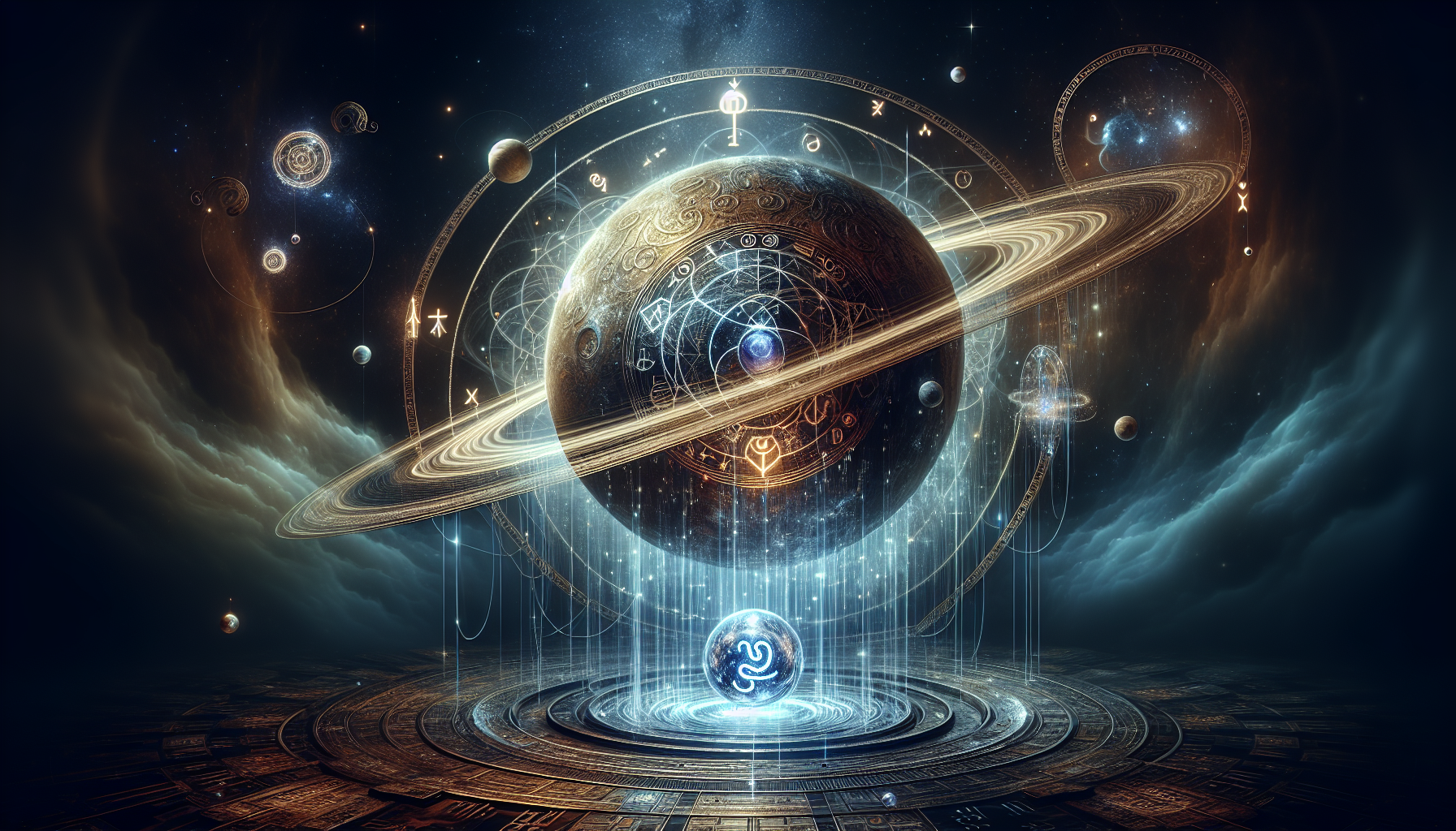A surreal and artistic representation of the planet Saturn in a mystical astrological setting. Saturn appears as a sacred celestial object floating within a large, glowing geometric structure — made of bronze rings and ancient symbols rotating in harmony. The rings of Saturn are engraved with astrological runes, softly illuminated with sapphire light. The Cancer zodiac glyph hovers nearby, carved into a glowing crystal orb, connected to Saturn by threads of cosmic energy. The background is a blend of obsidian space and celestial white mist, with subtle stars and symbols weaving through the scene. No human figures — just symbolic, artistic, and sacred cosmic architecture. Fantasy + sacred geometry fusion style, highly detailed, glowing accents, mysterious and elevated atmosphere.