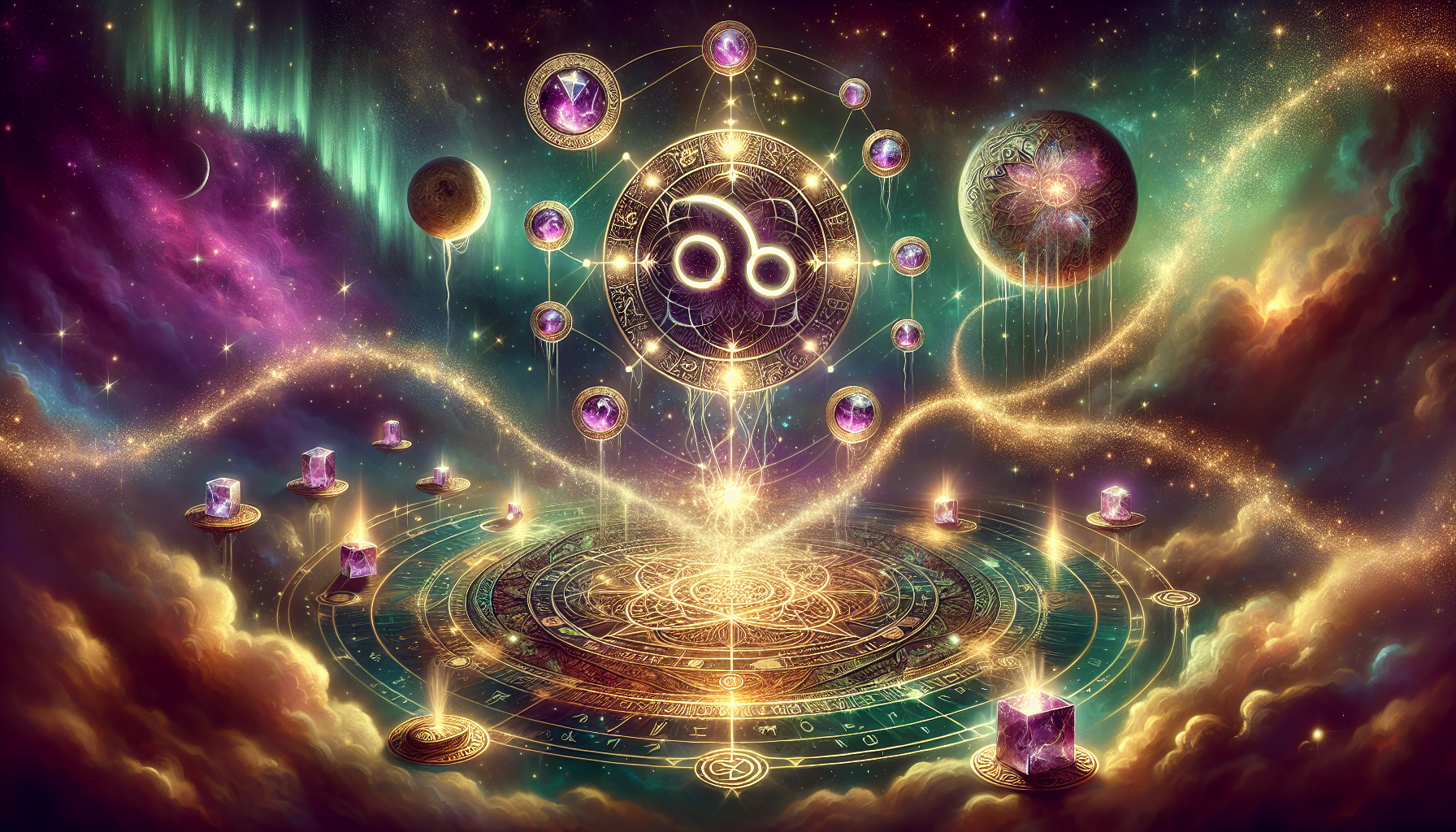 A sacred celestial space dedicated to astrological spiritual practice and healing, with floating ancient artifacts like crystal orbs, celestial scrolls, and energy-infused zodiac rings rotating in perfect harmony. In the center, the Cancer zodiac symbol glows softly above an intricate healing mandala inscribed on a cosmic platform. Surrounding the scene are floating rune stones and luminous energy lines forming sacred geometry patterns. Streams of golden aura flow like rivers through the stars, symbolizing spiritual energy and universal balance. The background blends deep amethyst sky with emerald auroras and white stardust, evoking a feeling of peace, ascension, and spiritual alignment. No human figures — only healing tools, light, and cosmic symbols. Fantasy spiritual art, highly detailed, radiant, and deeply meditative atmosphere.