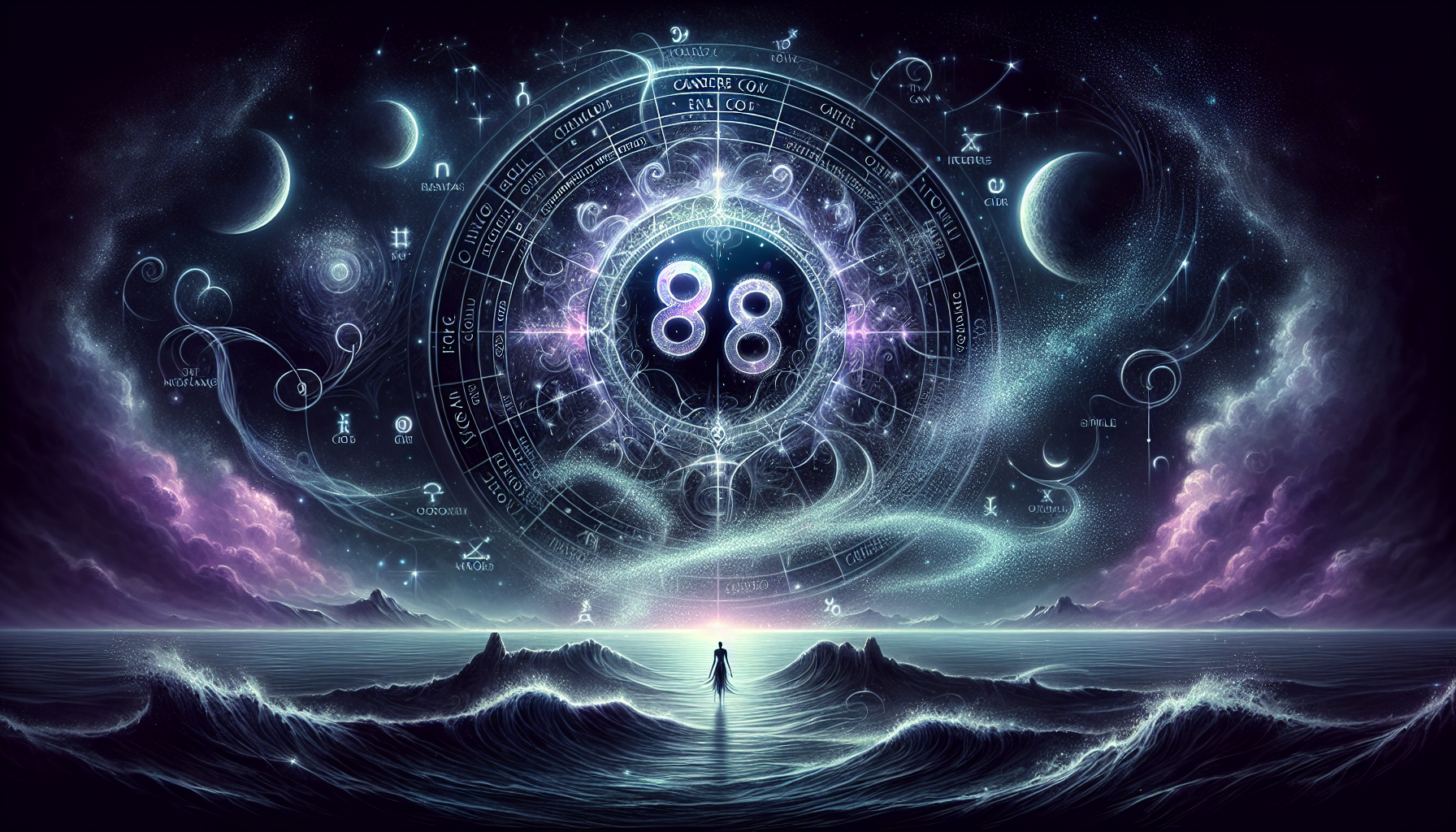 A powerful and emotional dark-themed celestial scene showing the final ascension of the Cancer zodiac energy. A glowing Cancer symbol slowly rises into the night sky, dissolving into streams of silver and aqua stardust, as if the soul is returning to the stars. Below it, a vast cosmic ocean reflects the symbol, with soft waves pulsing in deep violet and midnight hues. The scene is silent and sacred — surrounded by distant constellations, crescent moons, and a slowly fading zodiac wheel in the background. Ghostly outlines of past Cancer energy — emotional memories, protective shells, and spiritual water — drift into the cosmos like echoes. The entire image carries the feeling of closure, peace, and cosmic release. Ultra-detailed, fantasy-astrology style, hauntingly beautiful and symbolically final.