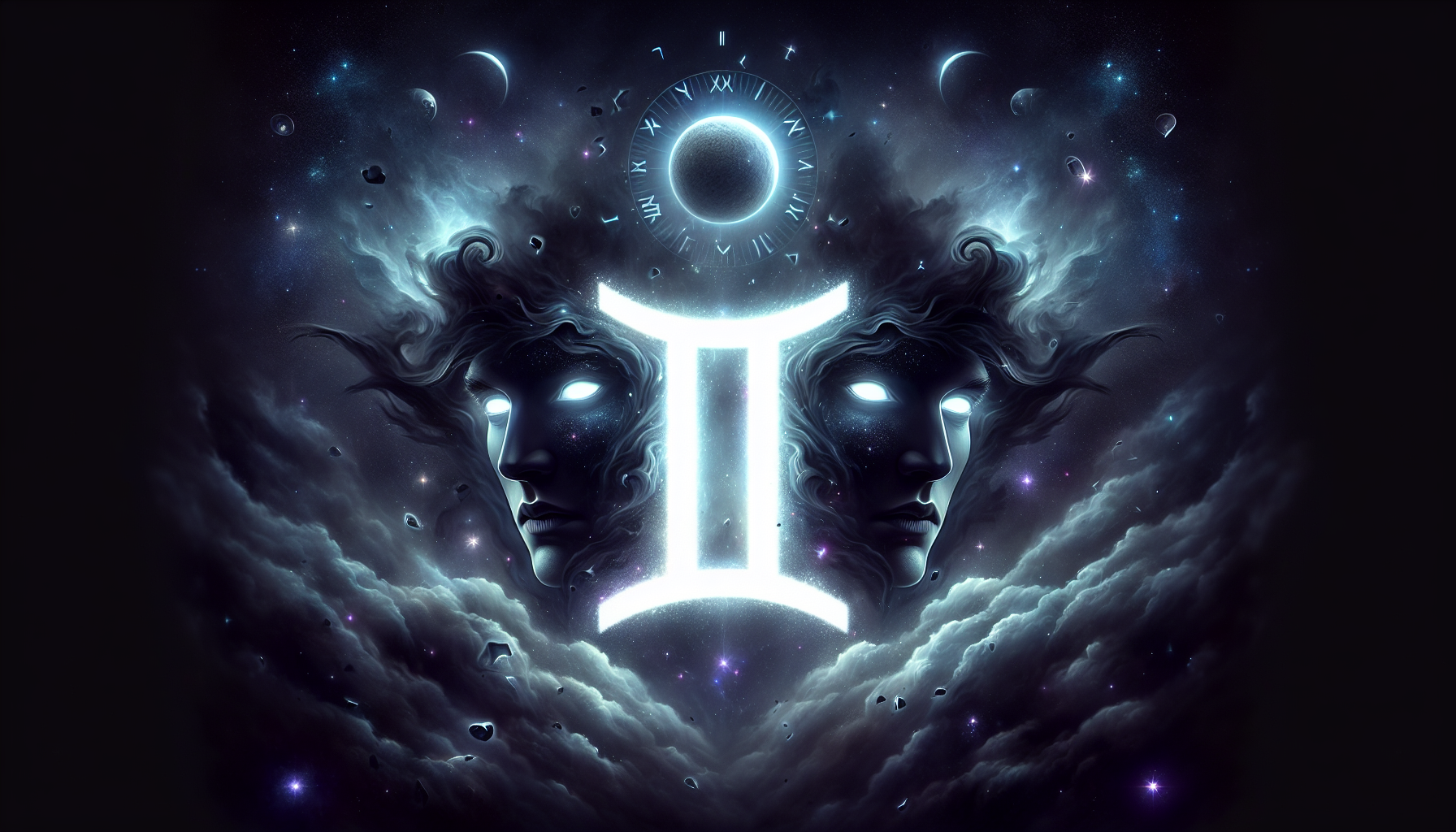 A dark celestial portrait of the Gemini zodiac sign symbol glowing in the night sky, formed by two shadowy twin silhouettes emerging from cosmic smoke, their eyes glowing faintly, with a large ethereal Gemini glyph floating between them in luminous silver-blue light, surrounded by stars, crescent moons, and shattered mirrors reflecting duality, deep space background with swirling nebulae in shades of midnight blue, obsidian black, and indigo purple, mystical runes orbiting around the sign, tarot card style, moody lighting and intense mystical energy
