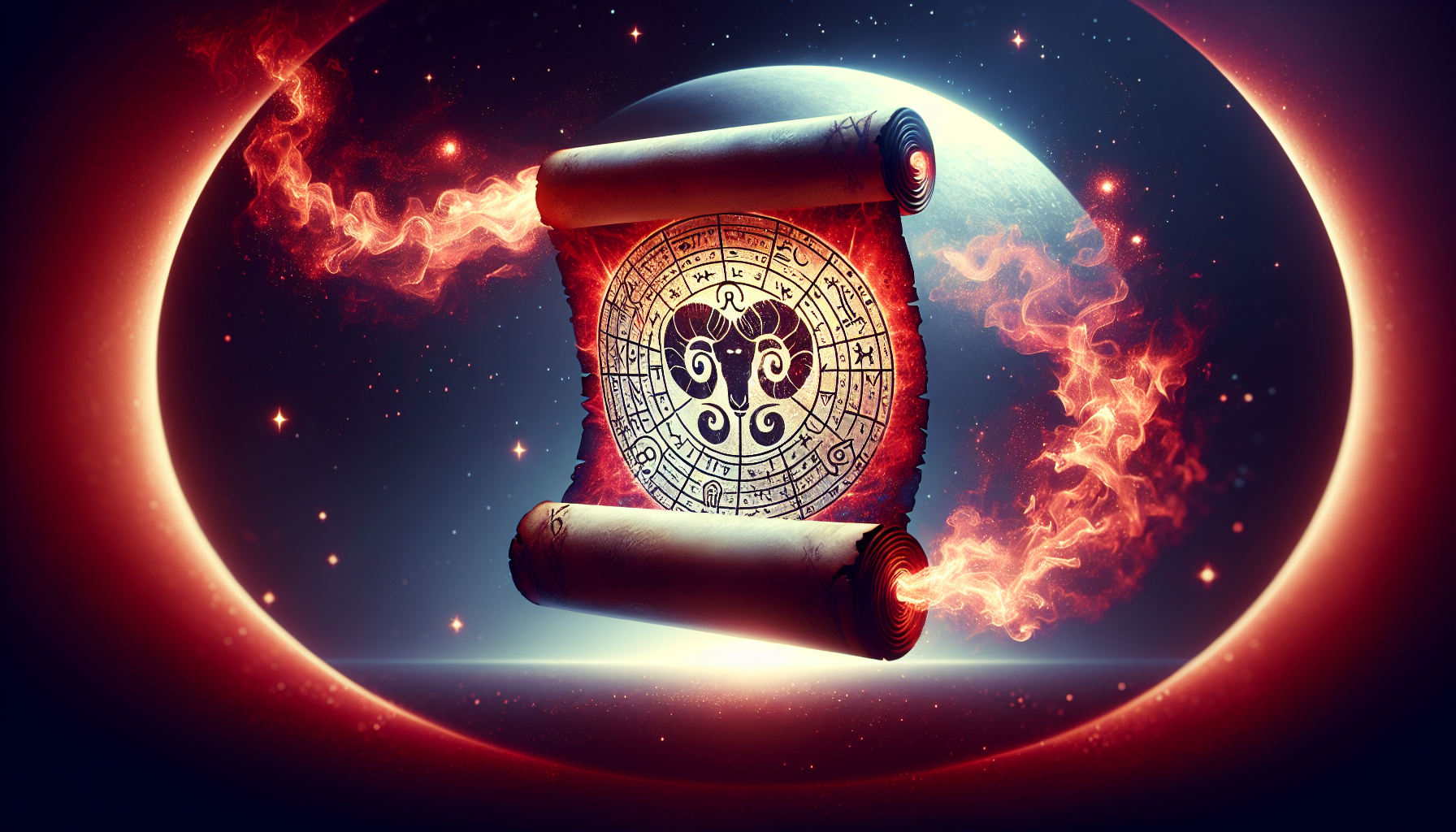 A glowing scroll unraveling mid-air, with fiery ancient runes pouring off its surface. A voice vibrates from the scroll, shaping the stars around it. Aries glyph at the center. Strong red and metallic ink visuals.